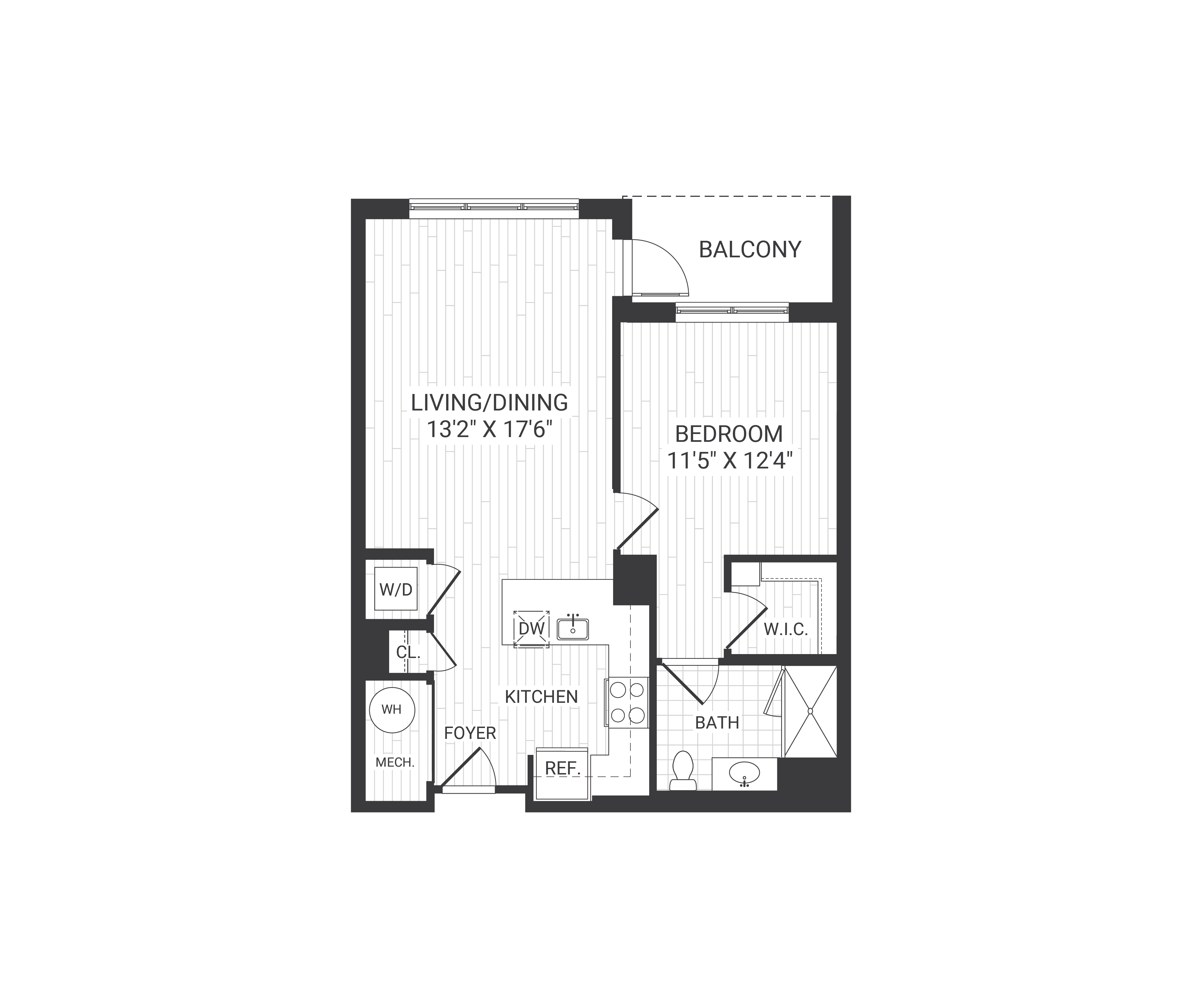 Floor plan for 1 bed, 1 bath, 704 sqft