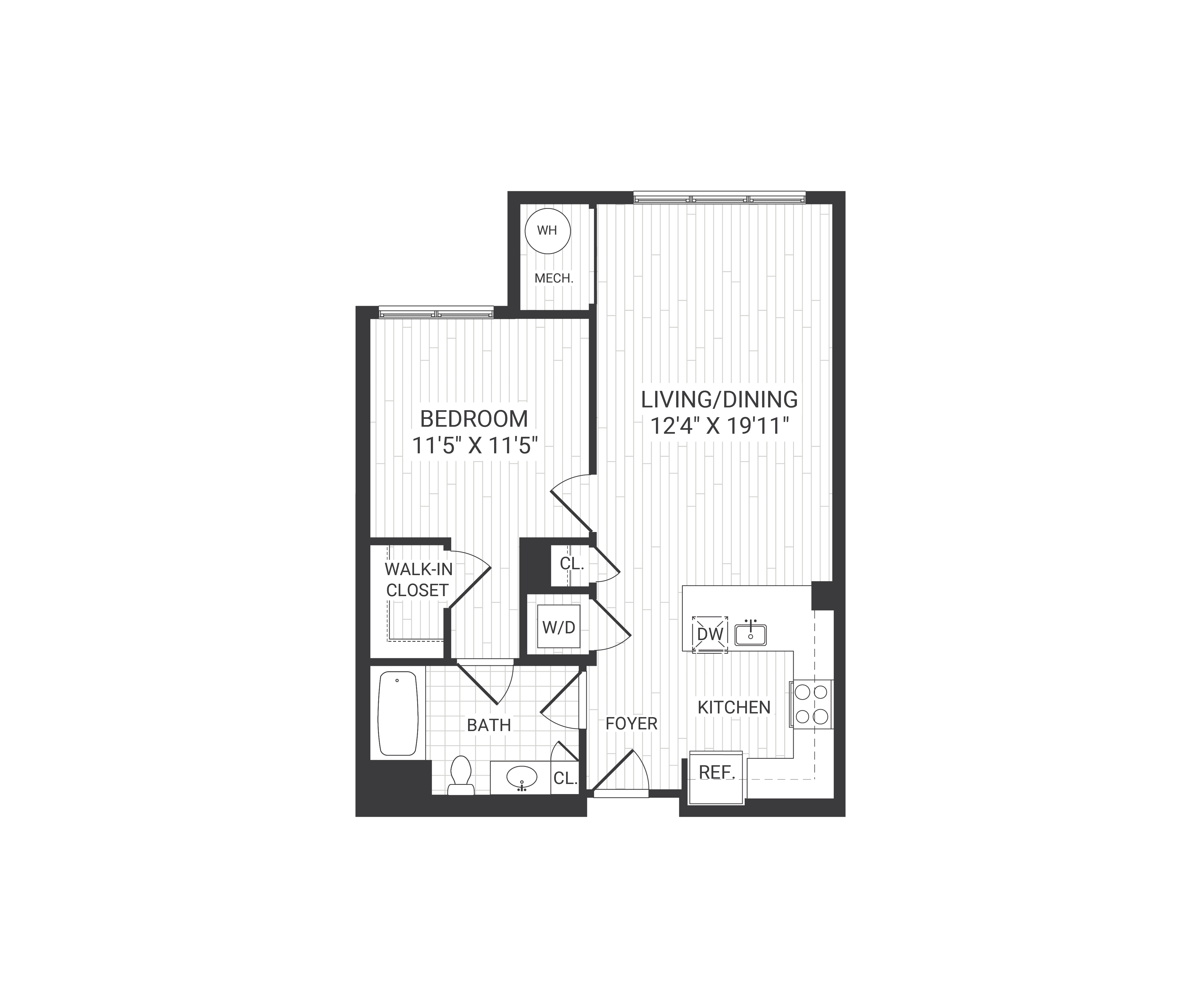 Floor plan for 1 bed, 1 bath, 711 sqft