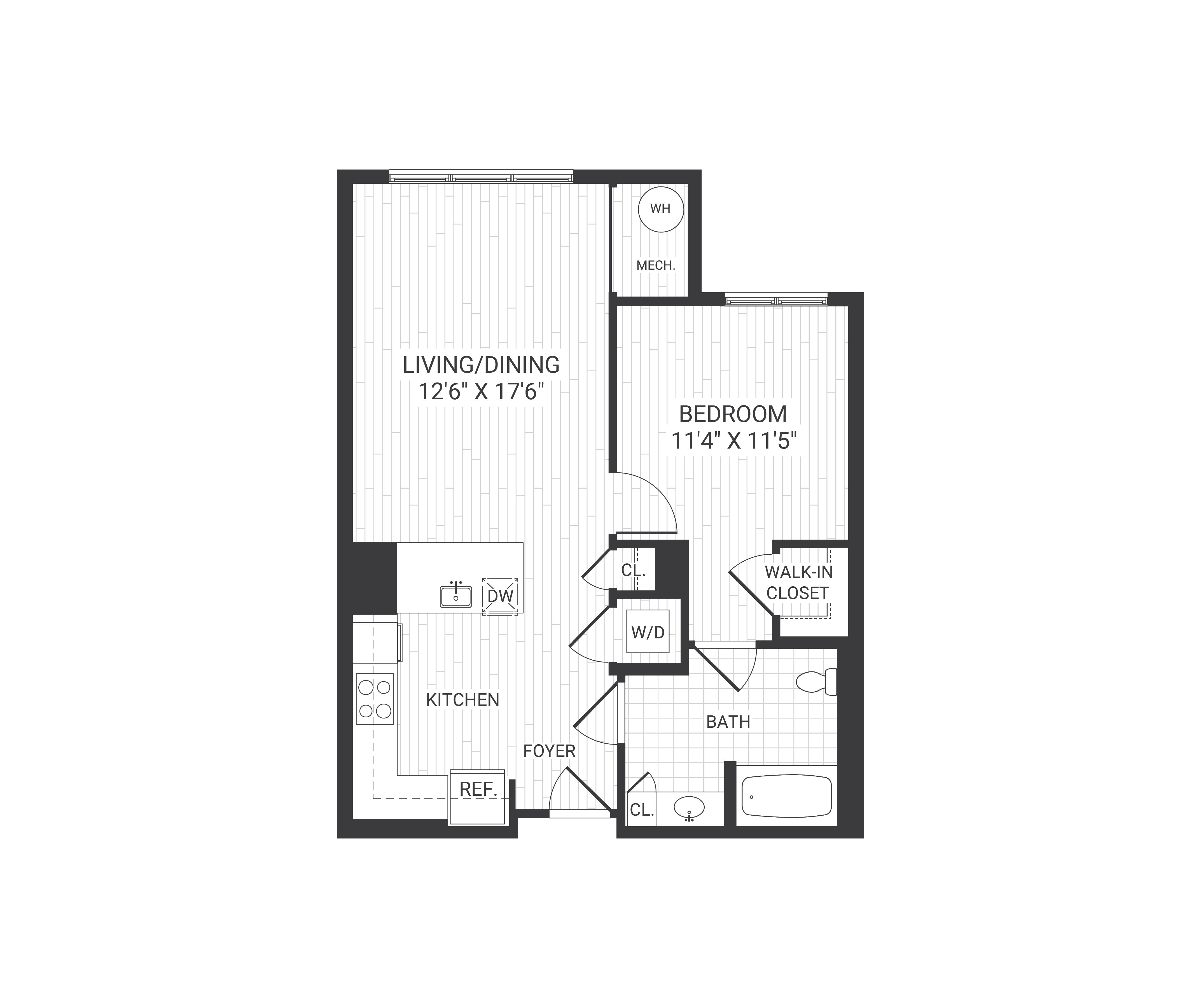 Floor plan for 1 bed, 1 bath, 711 sqft