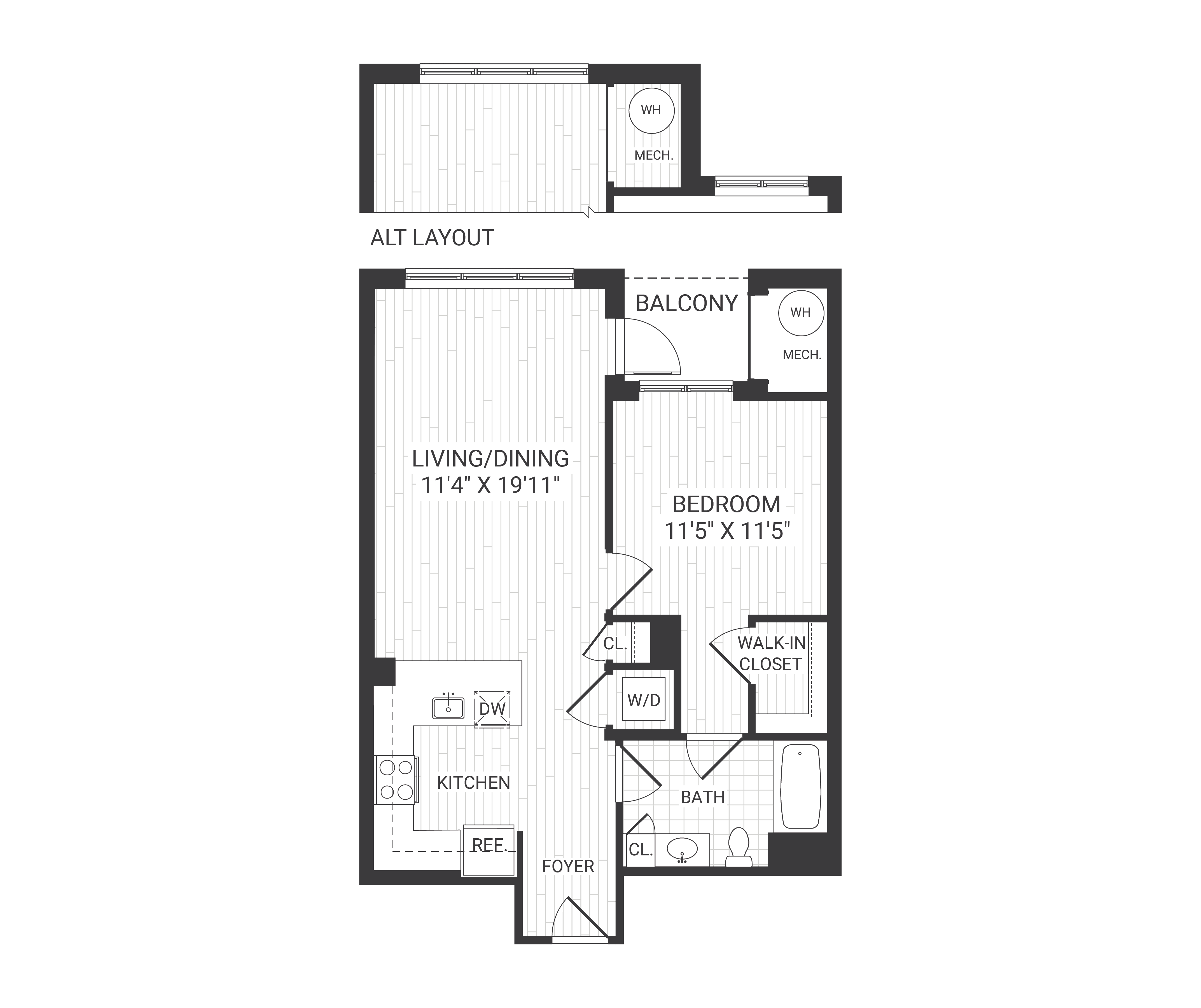 Floor plan for 1 bed, 1 bath, 731 sqft