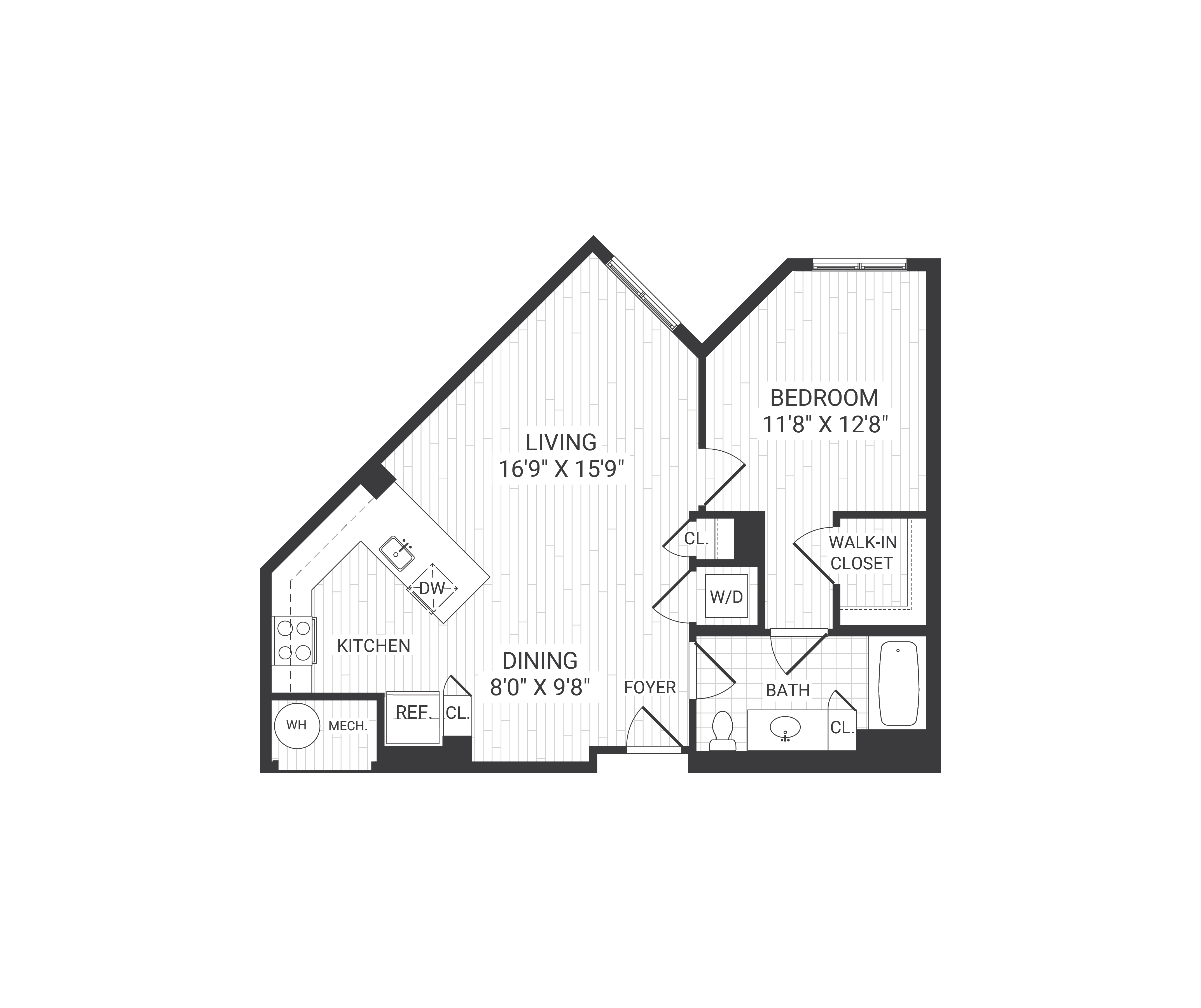 Floor plan for 1 bed, 1 bath, 744 sqft