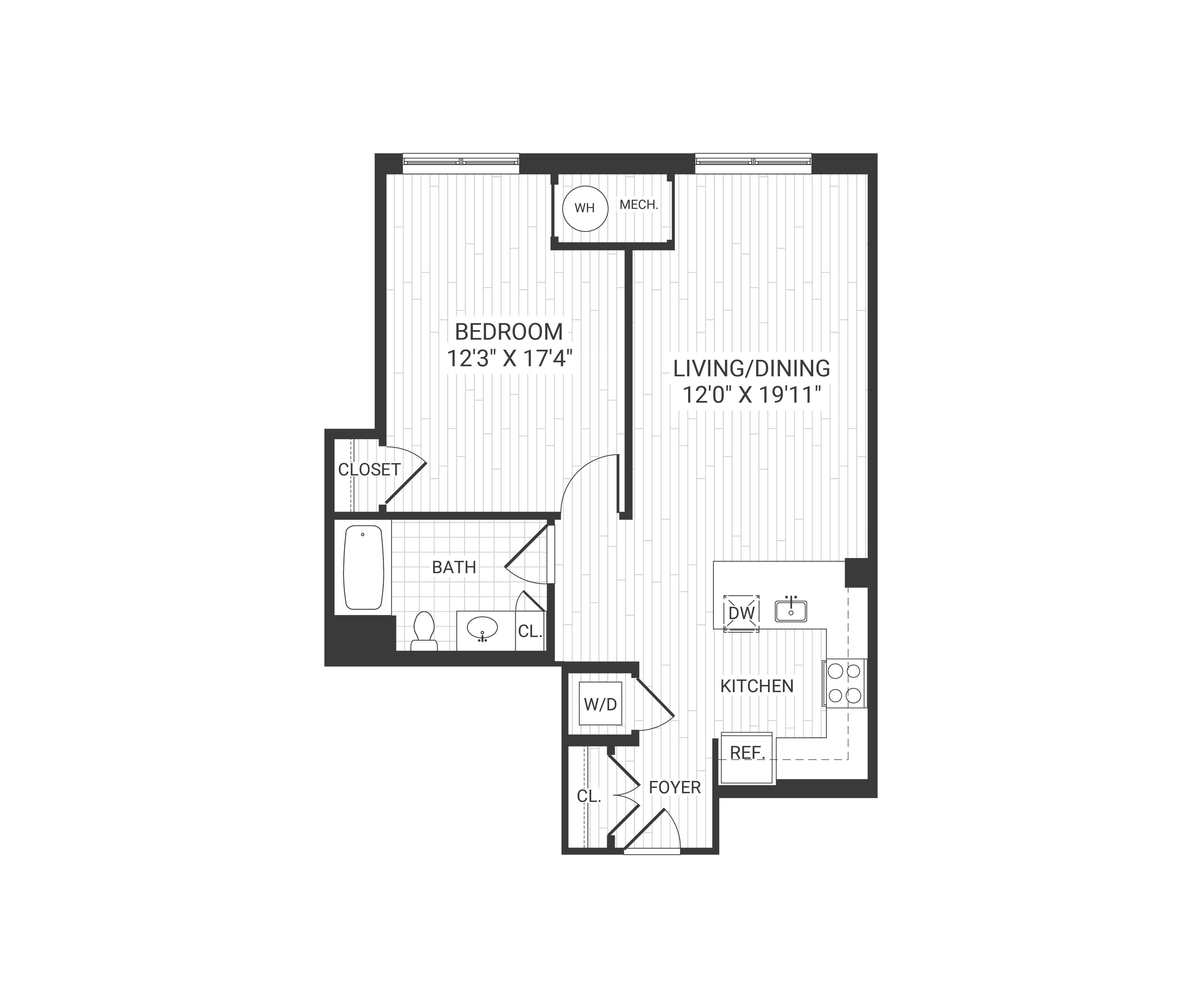 Floor plan for 1 bed, 1 bath, 773 sqft