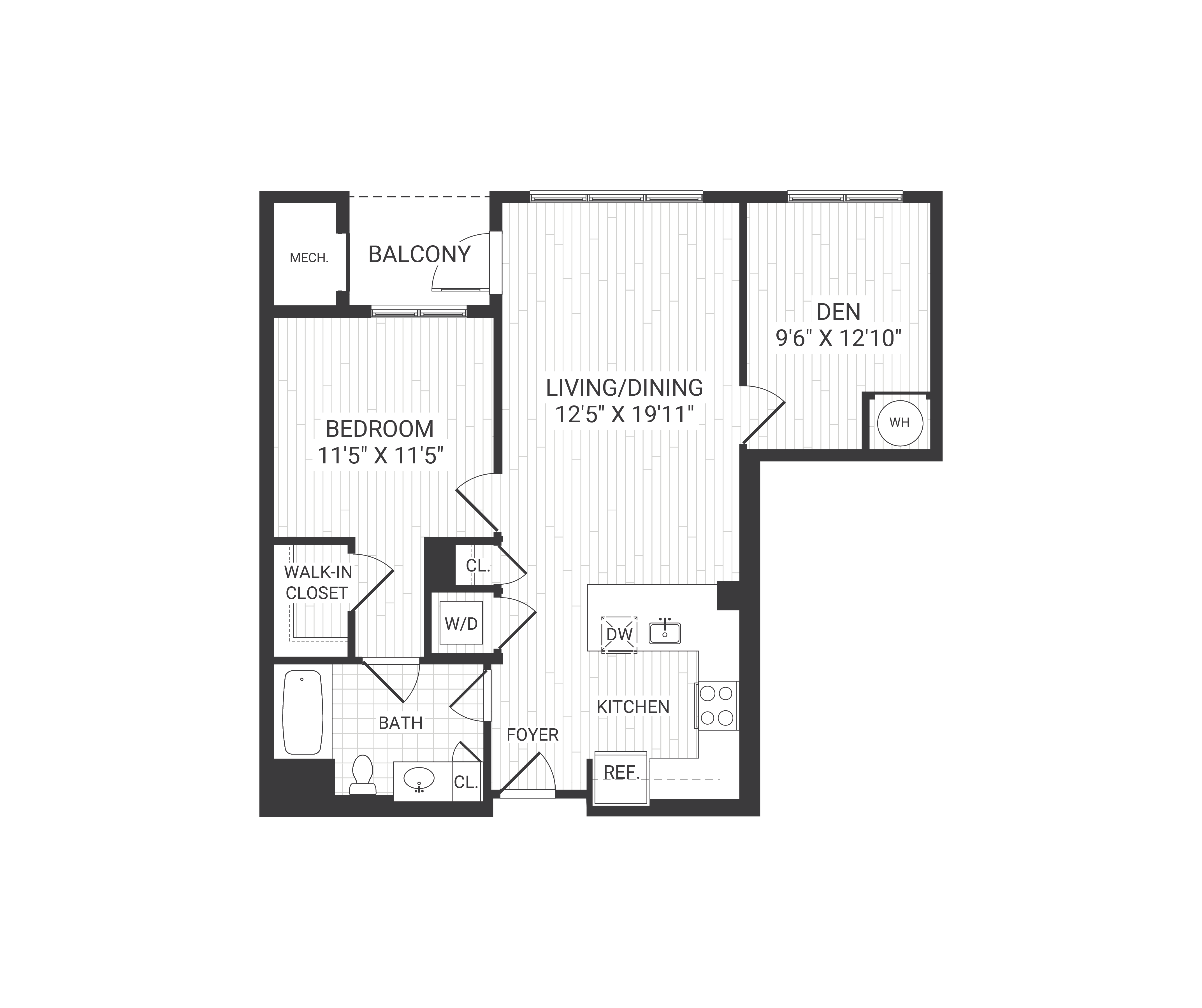 Floor plan for 1 bed, 1 bath, 834 sqft