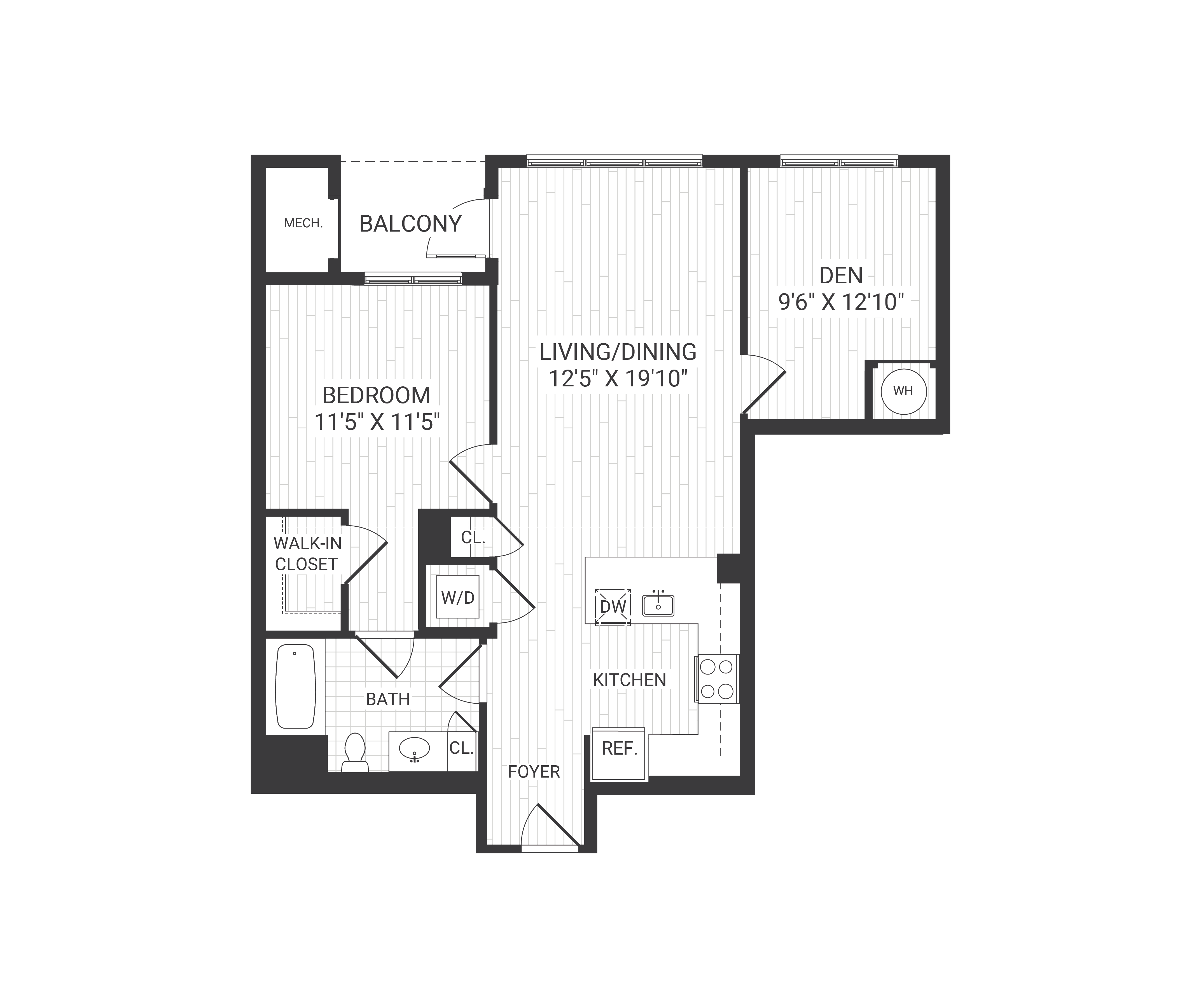 Floor plan for 1 bed, 1 bath, 854 sqft