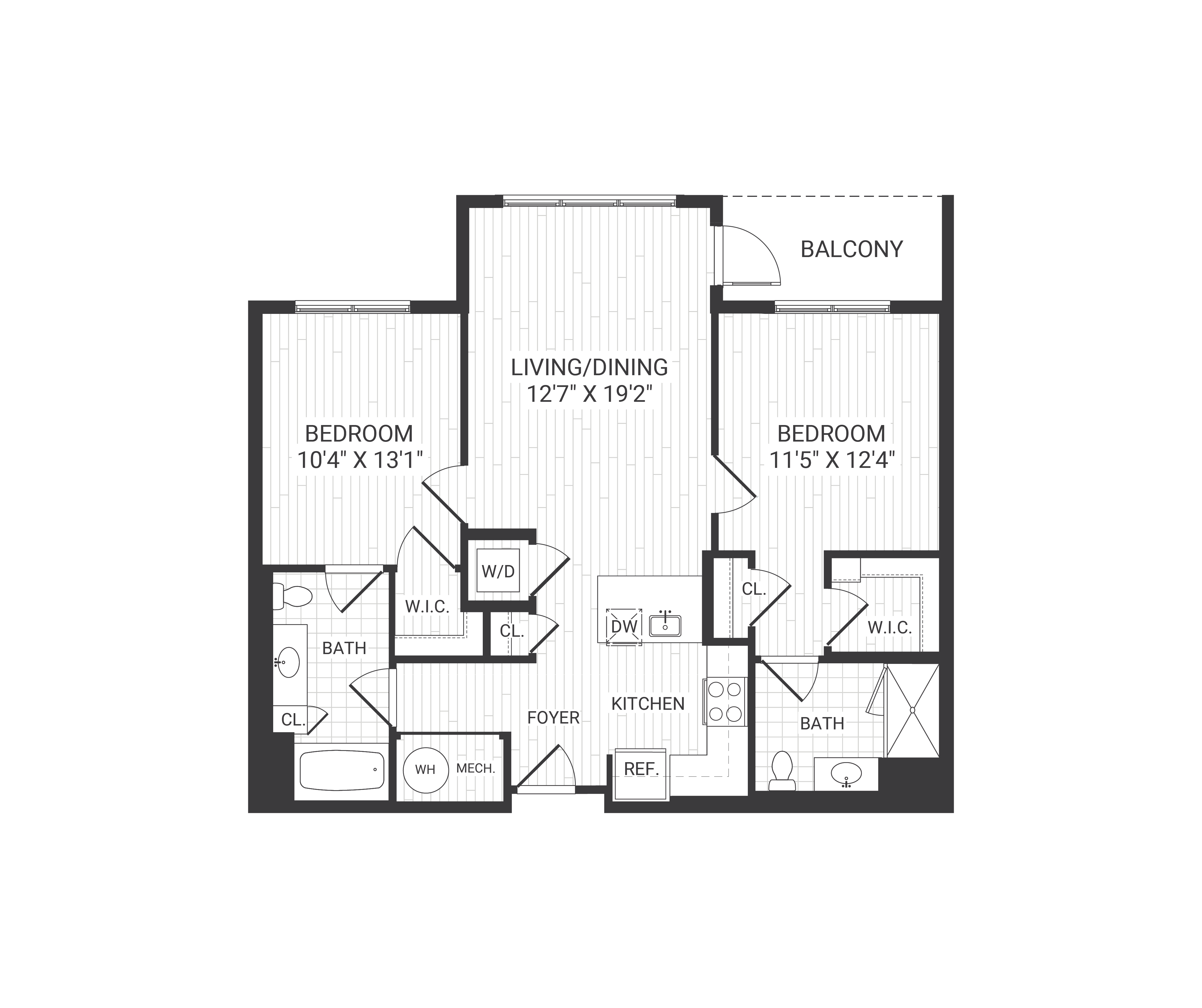 Floor plan for 2 beds, 2 baths, 961 sqft