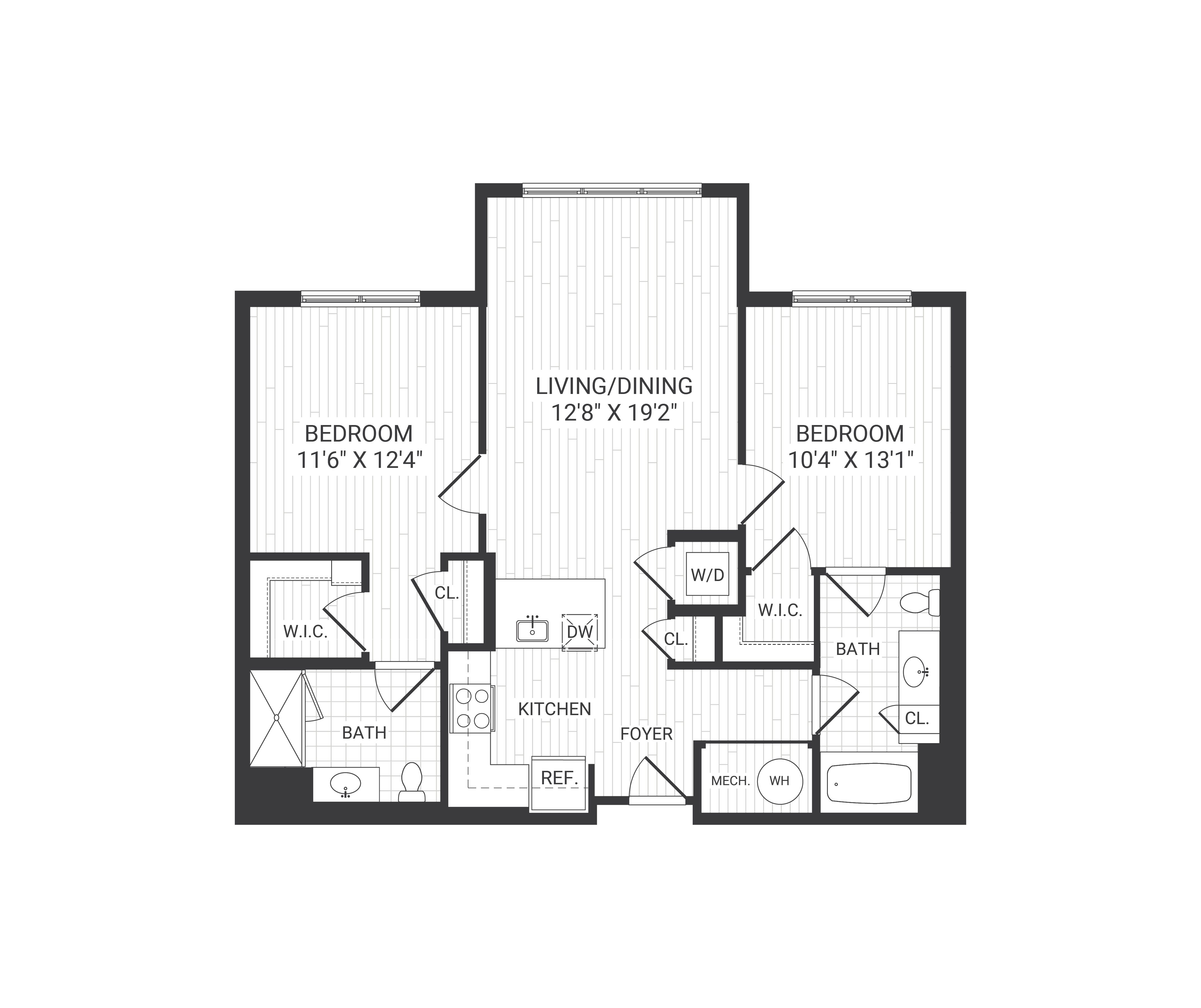Floor plan for 2 beds, 2 baths, 962 sqft