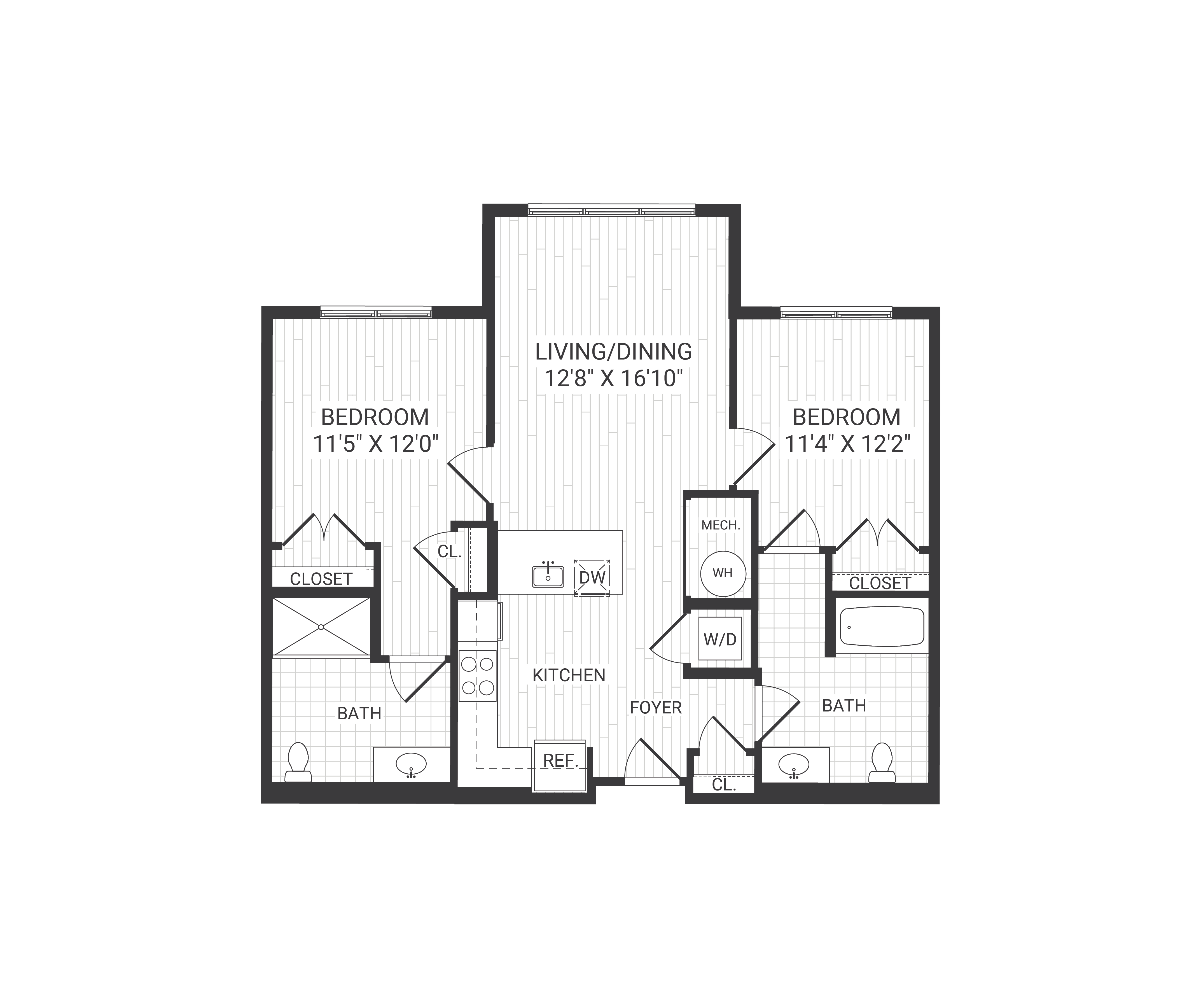 Floor plan for 2 beds, 2 baths, 962 sqft