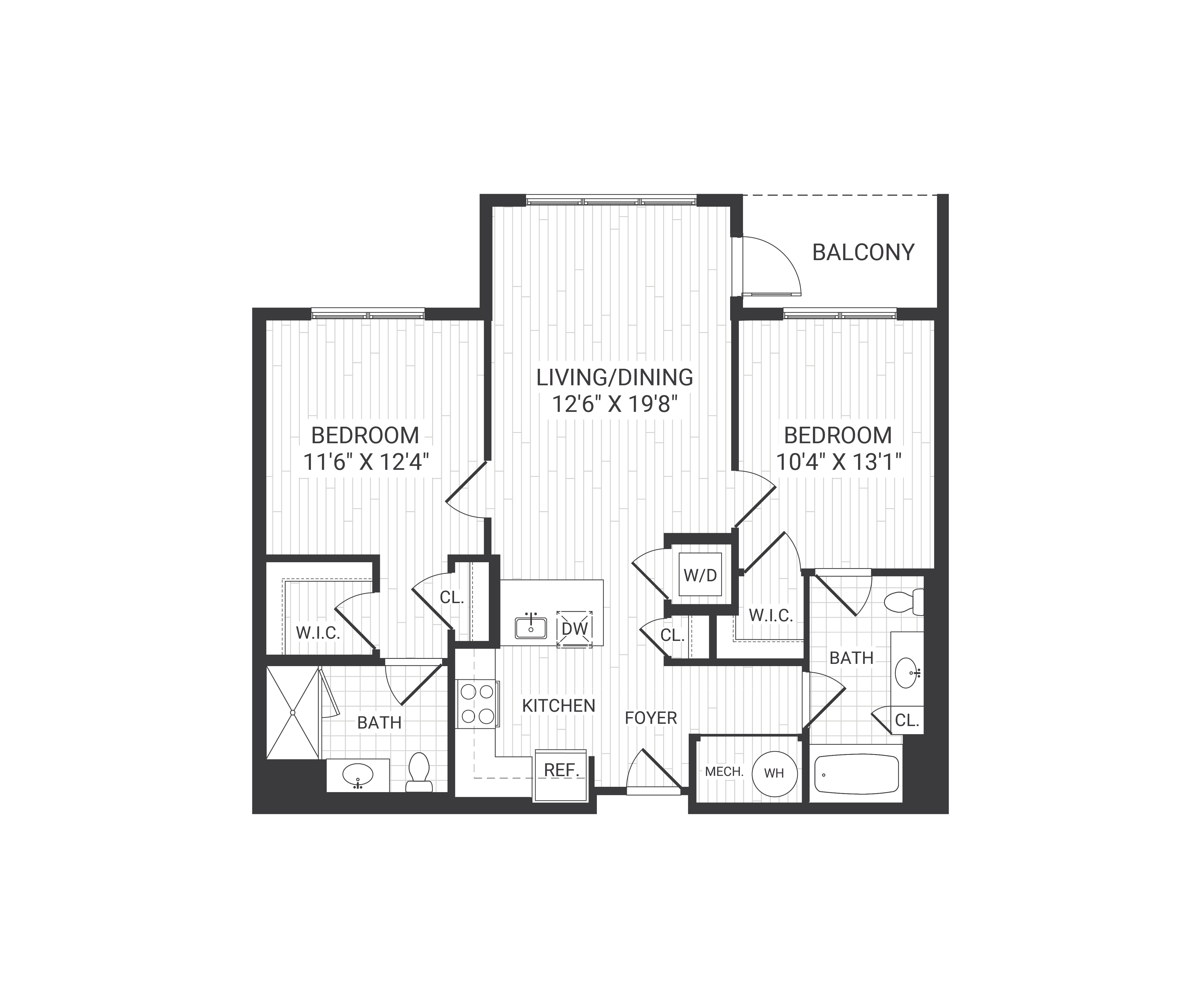 Floor plan for 2 beds, 2 baths, 968 sqft
