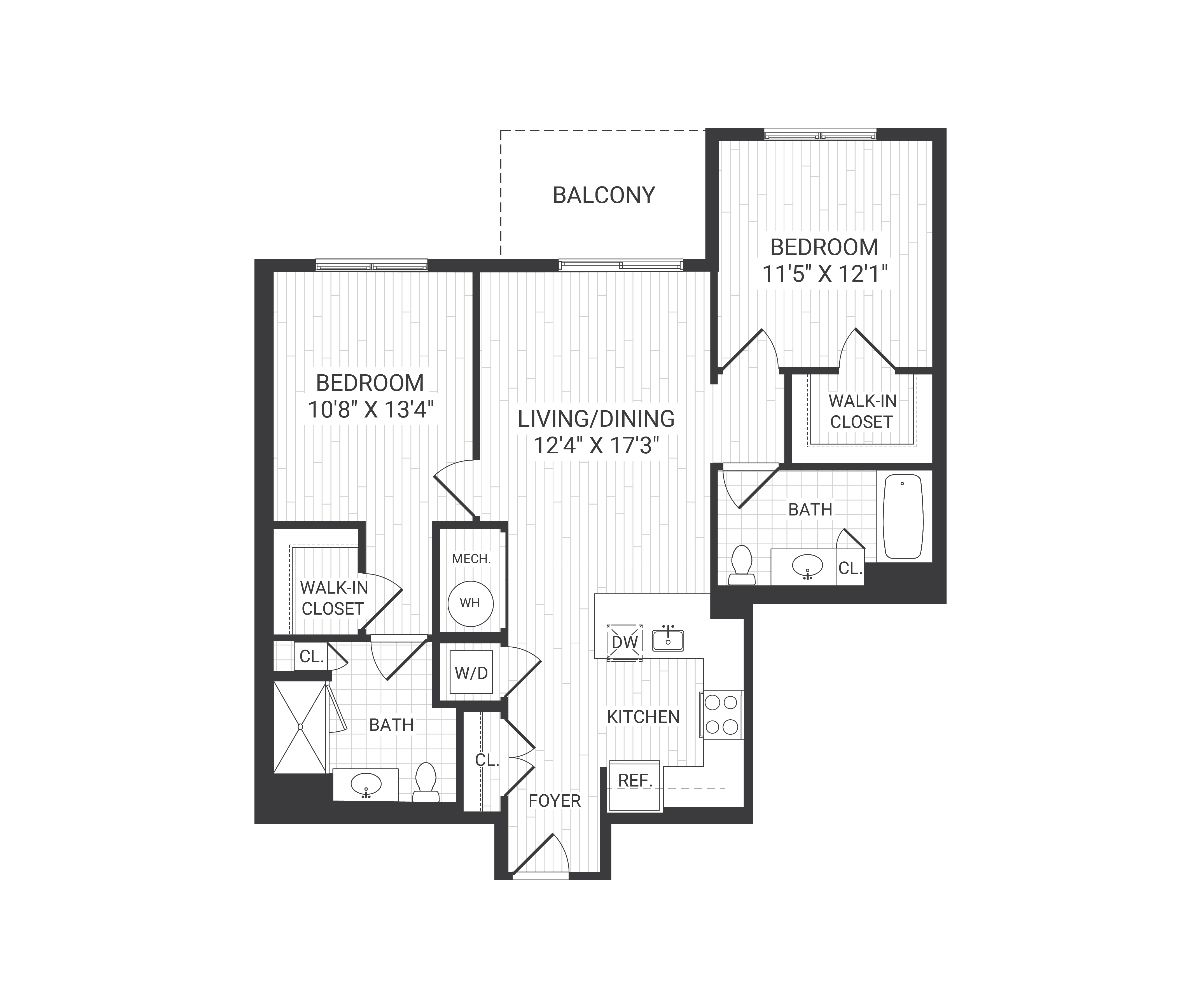 Floor plan for 2 beds, 2 baths, 1007 sqft