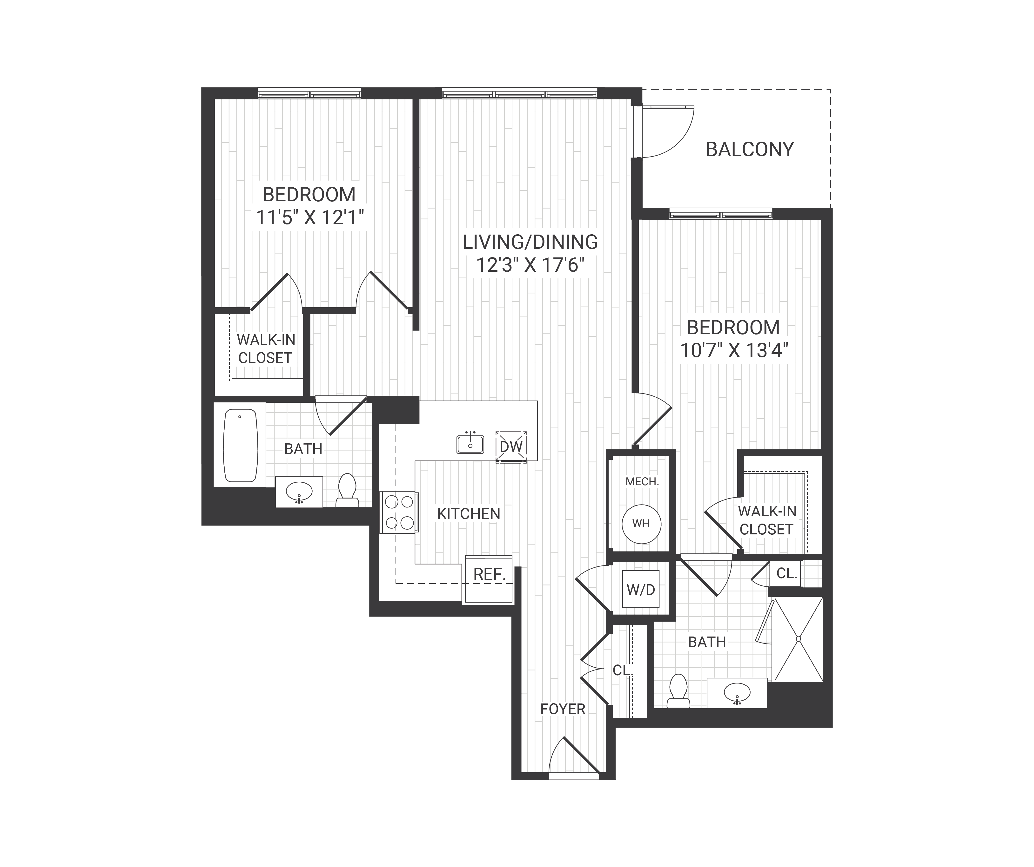 Floor plan for 2 beds, 2 baths, 1046 sqft