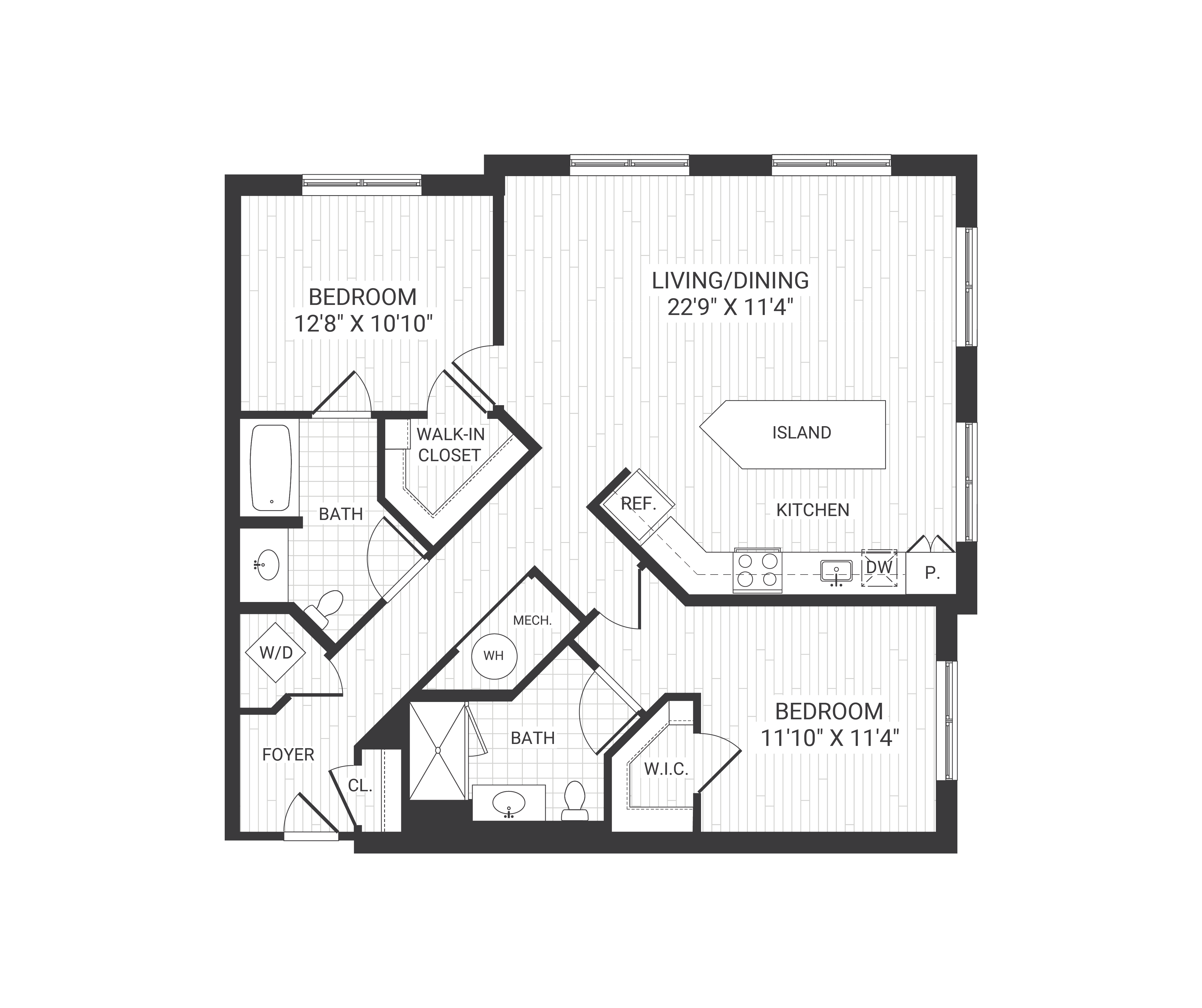 Floor plan for 2 beds, 2 baths, 1166 sqft