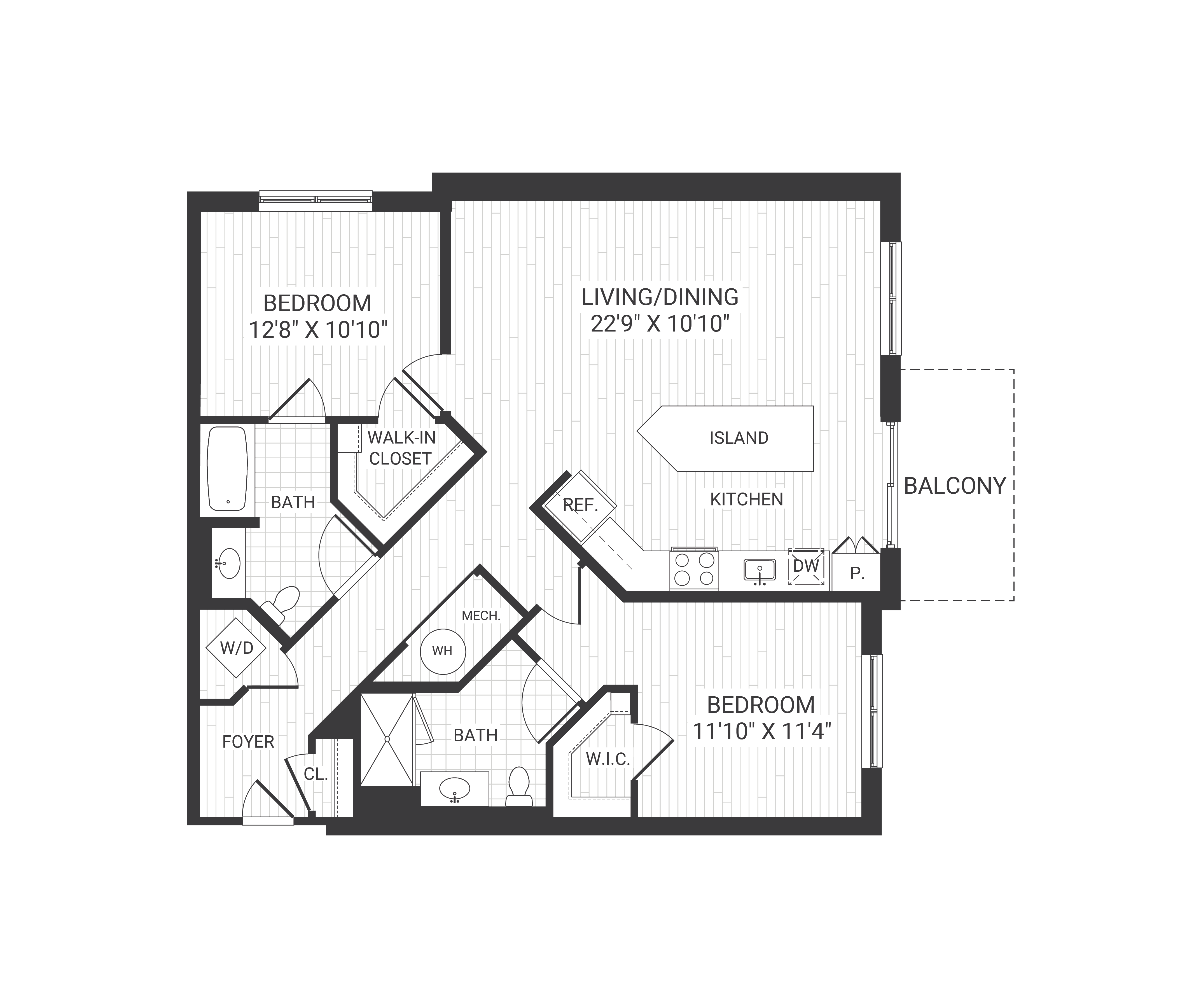 Floor plan for 2 beds, 2 baths, 1168 sqft