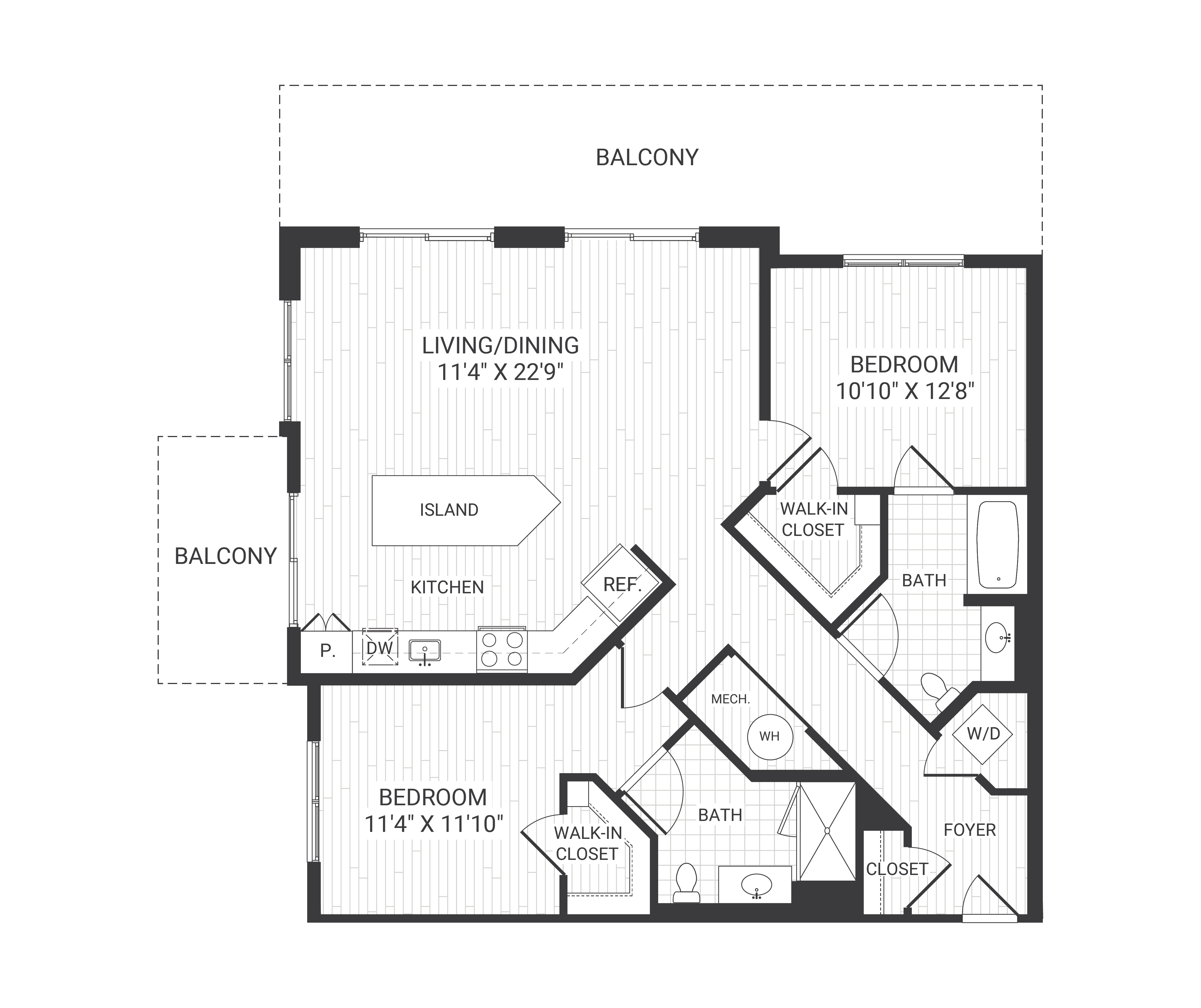 Floor plan for 2 beds, 2 baths, 1168 sqft