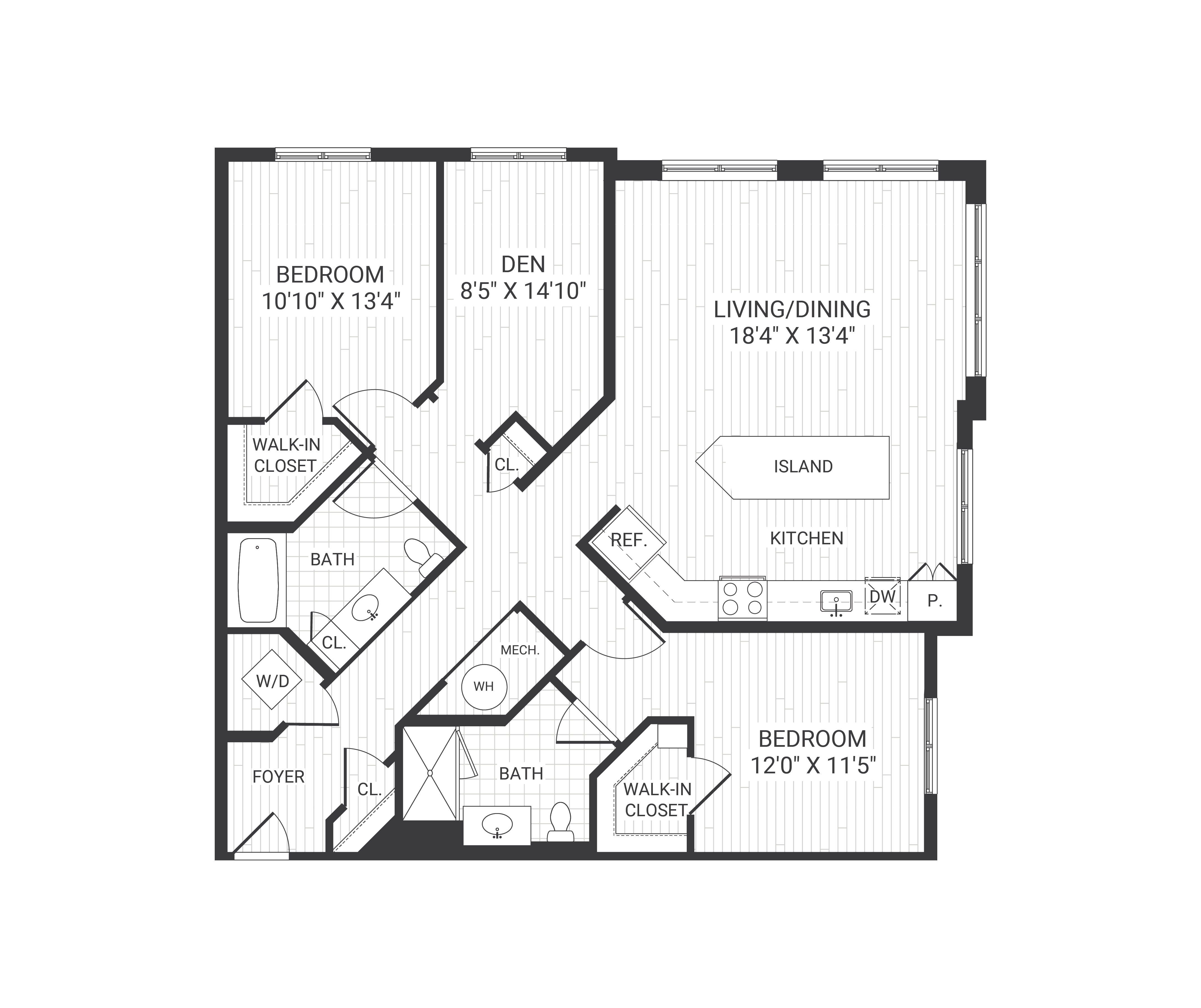 Floor plan for 2 beds, 2 baths, 1342 sqft