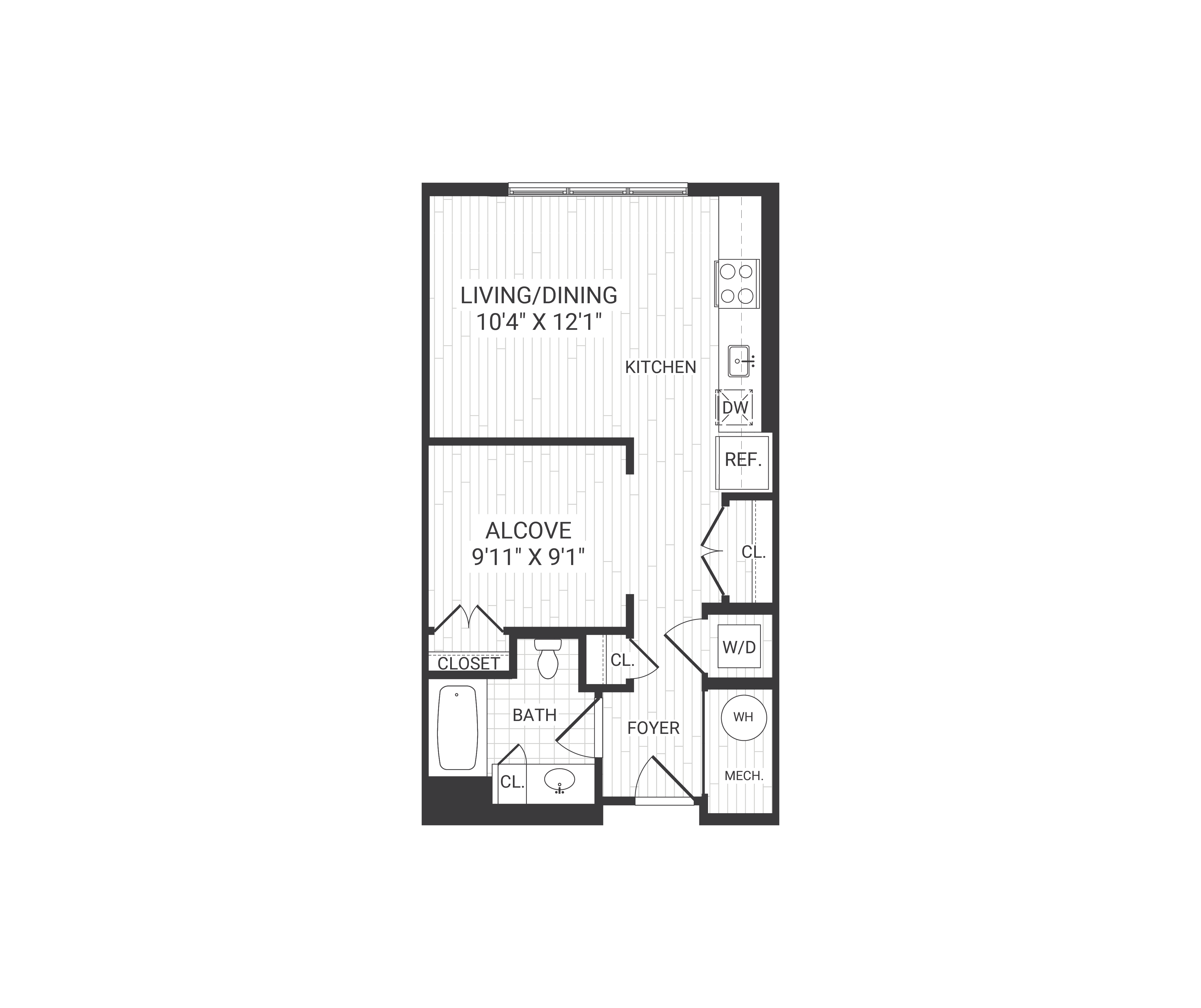 Floor plan for studio, 1 bath, 529 sqft