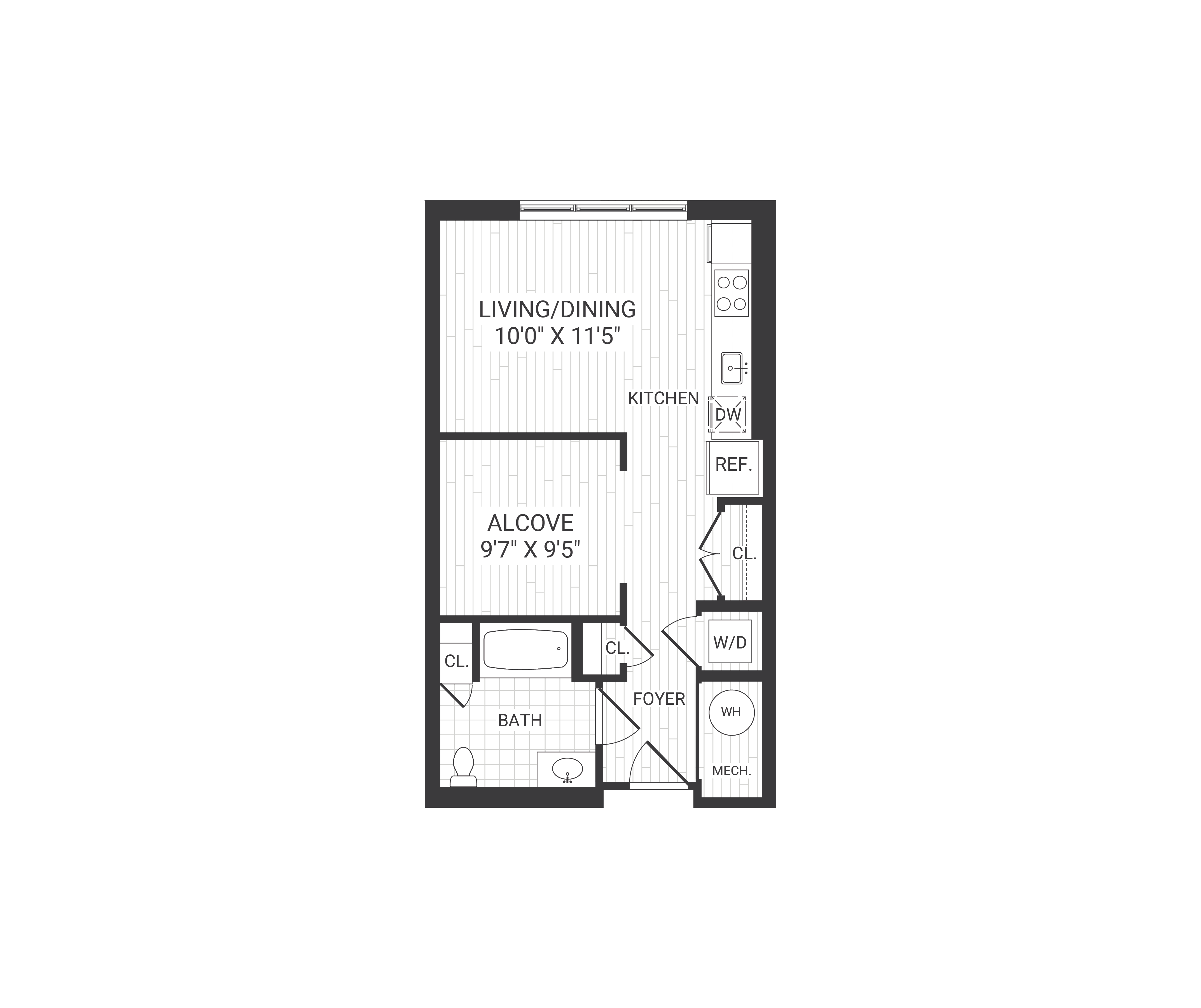 Floor plan for studio, 1 bath, 529 sqft