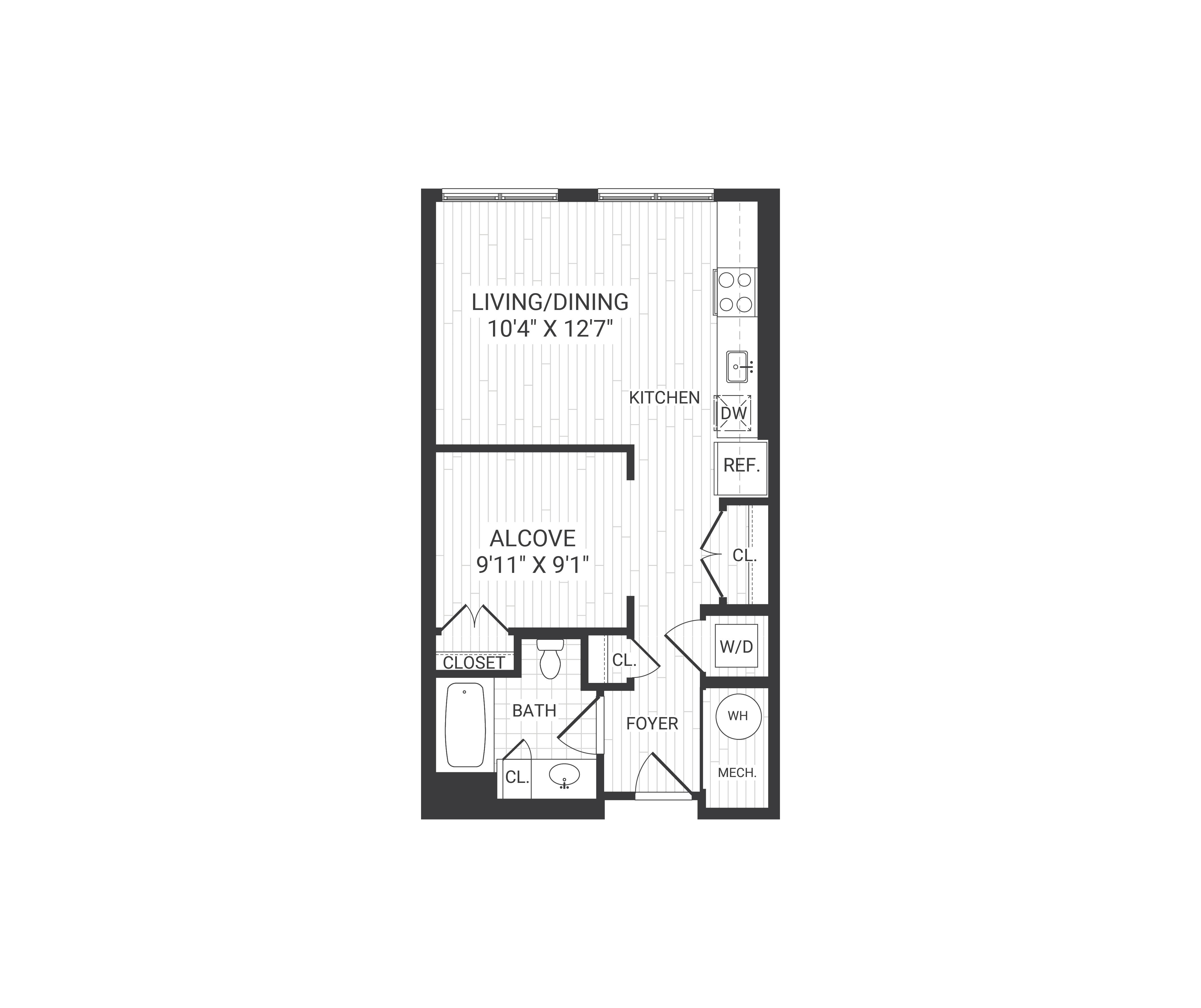 Floor plan for studio, 1 bath, 538 sqft