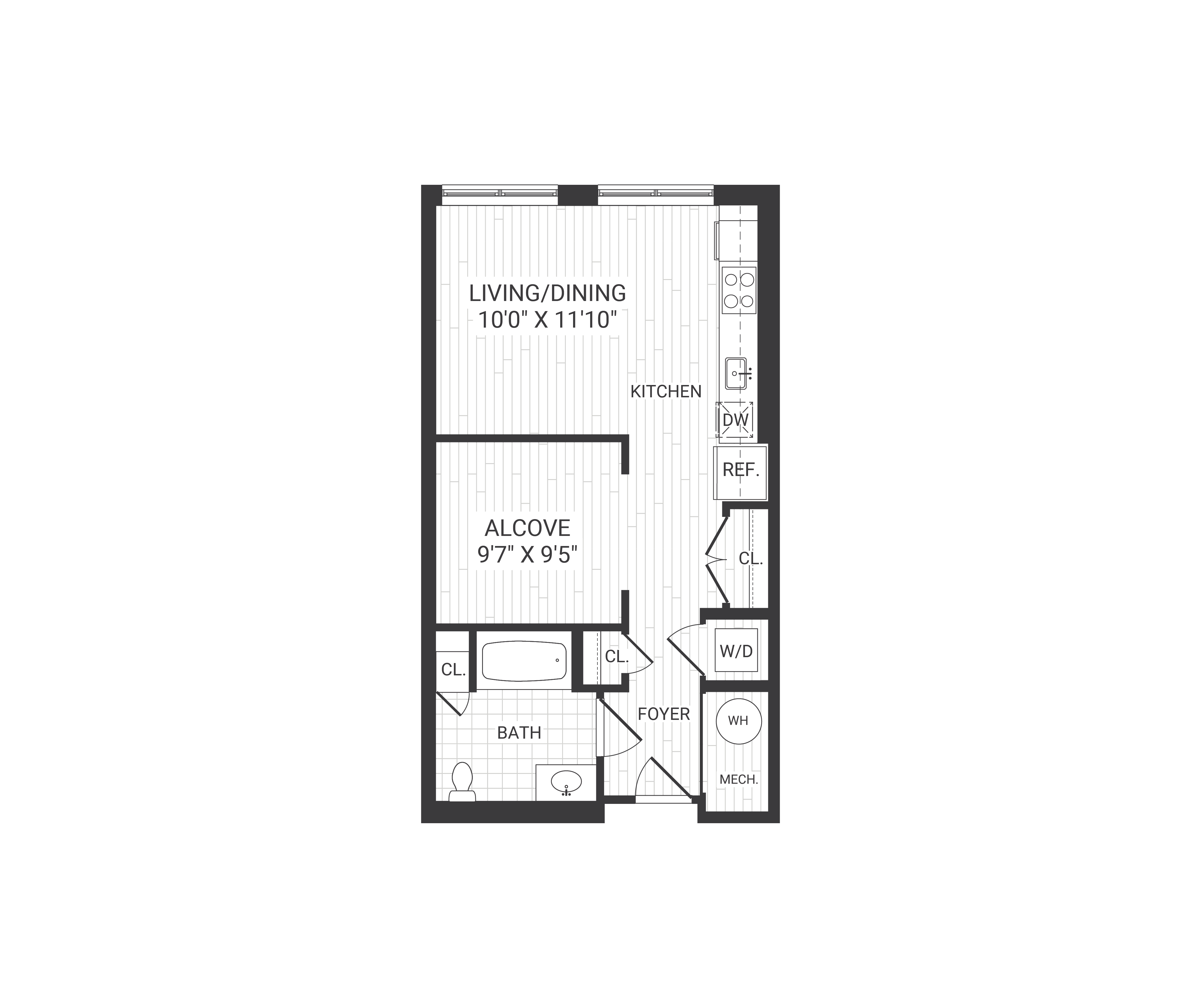 Floor plan for studio, 1 bath, 538 sqft