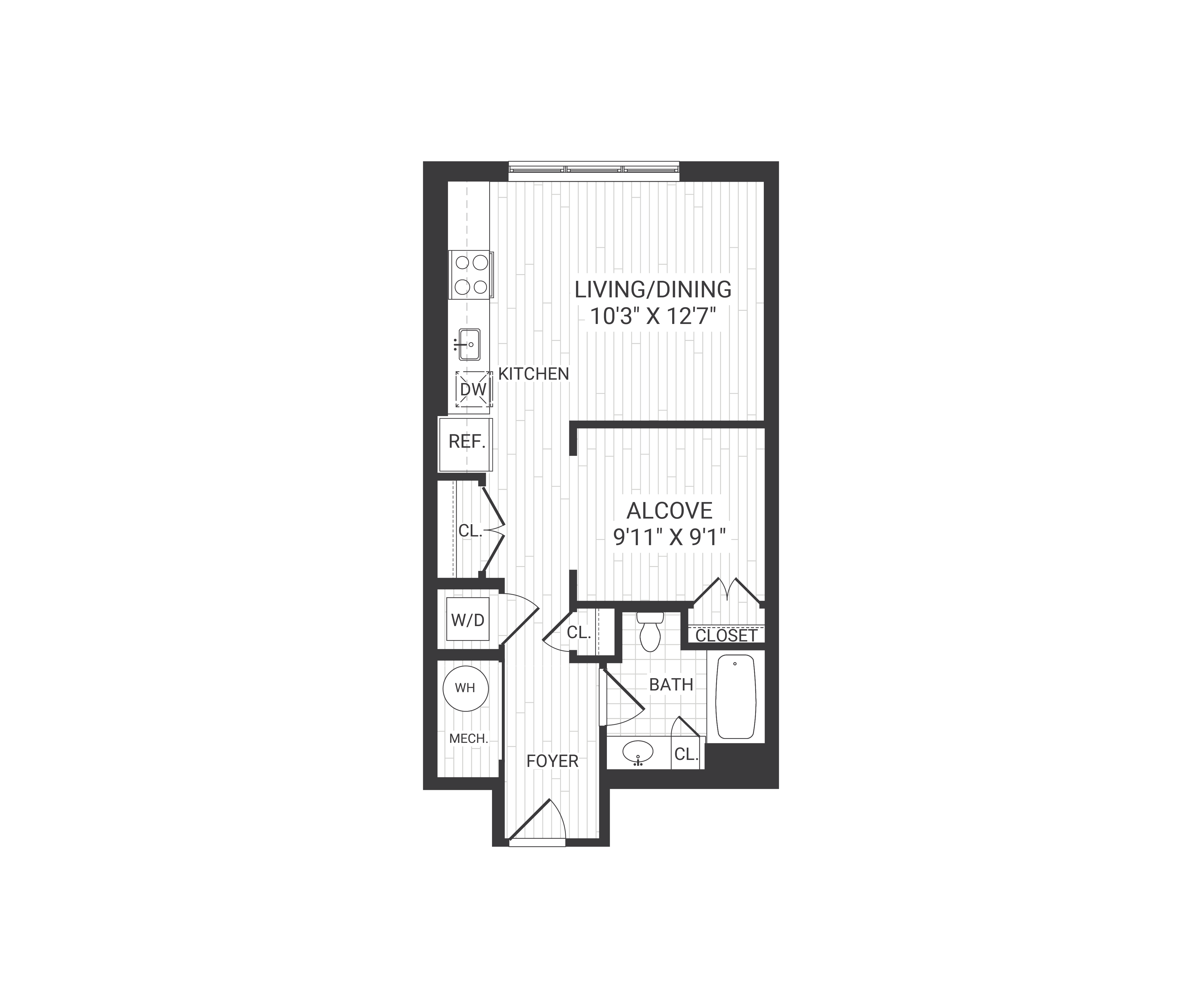 Floor plan for studio, 1 bath, 558 sqft