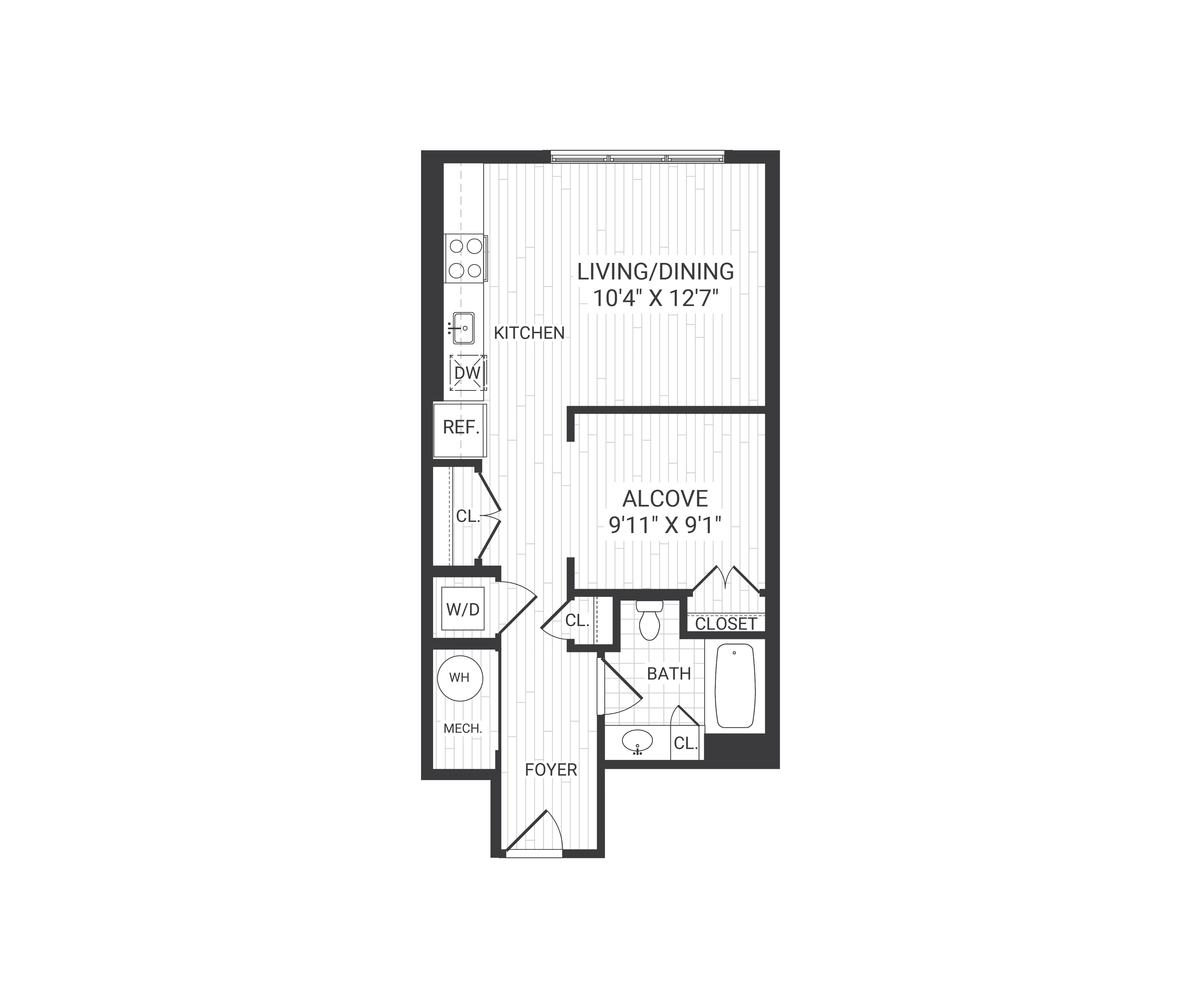 Floor plan for studio, 1 bath, 561 sqft