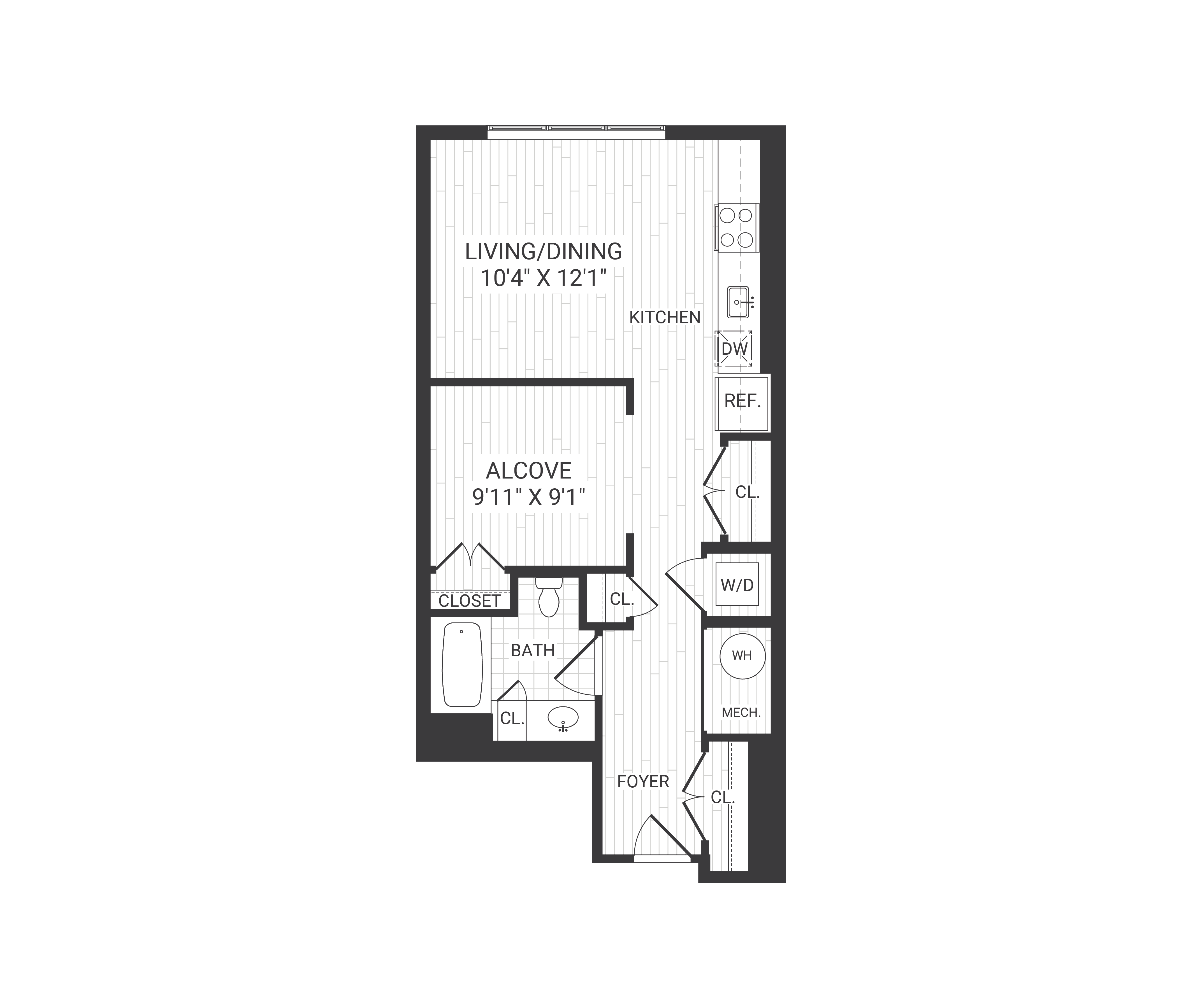Floor plan for studio, 1 bath, 581 sqft