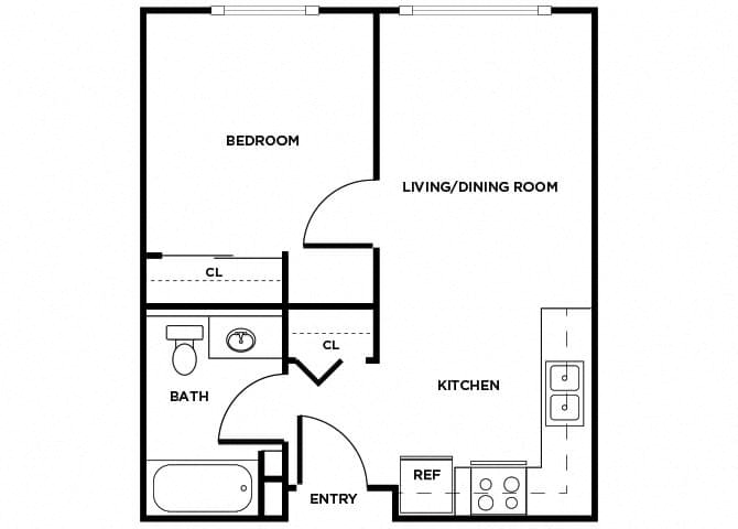 Floor plan for 1 bed, 1 bath, 464 sqft