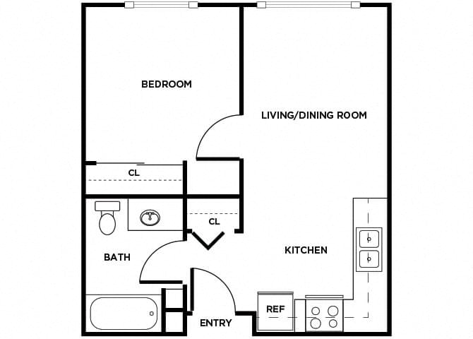Floor plan for 1 bed, 1 bath, 475 sqft