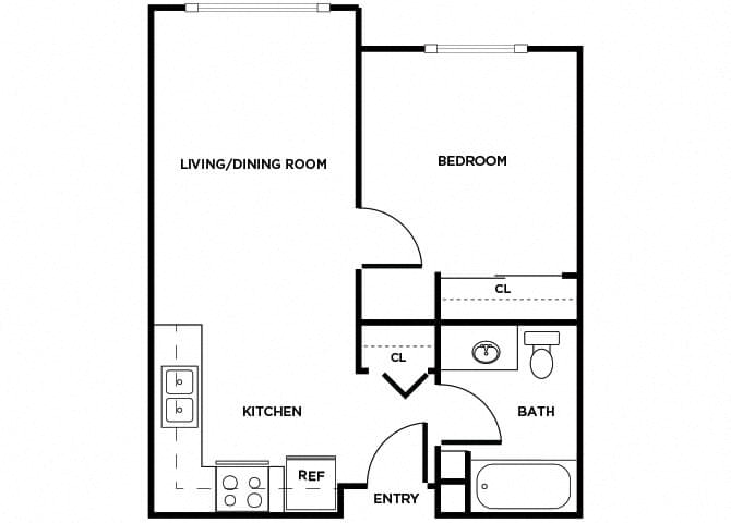 Floor plan for 1 bed, 1 bath, 486 sqft