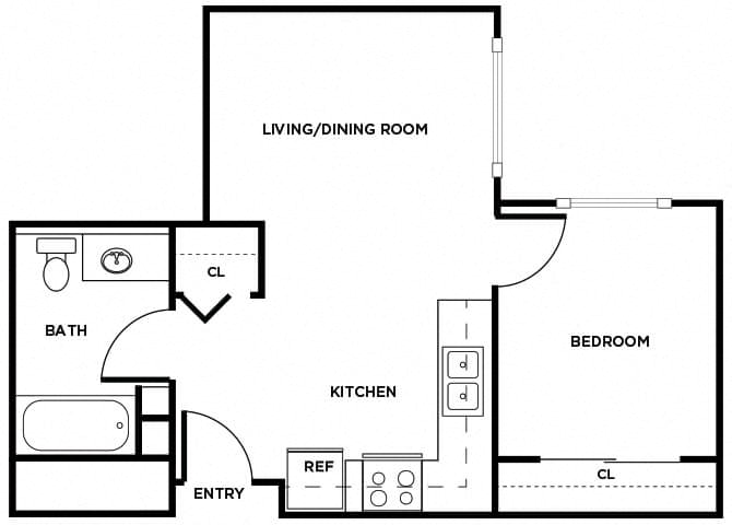 Floor plan for 1 bed, 1 bath, 496 sqft
