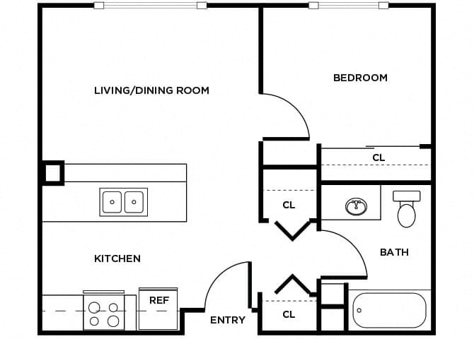 Floor plan for 1 bed, 1 bath, 518 sqft