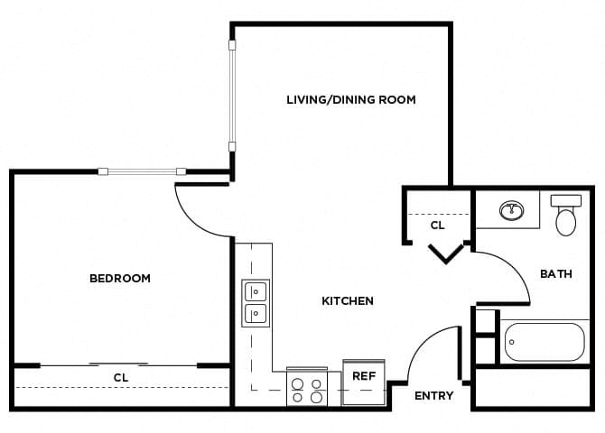 Floor plan for 1 bed, 1 bath, 535 sqft