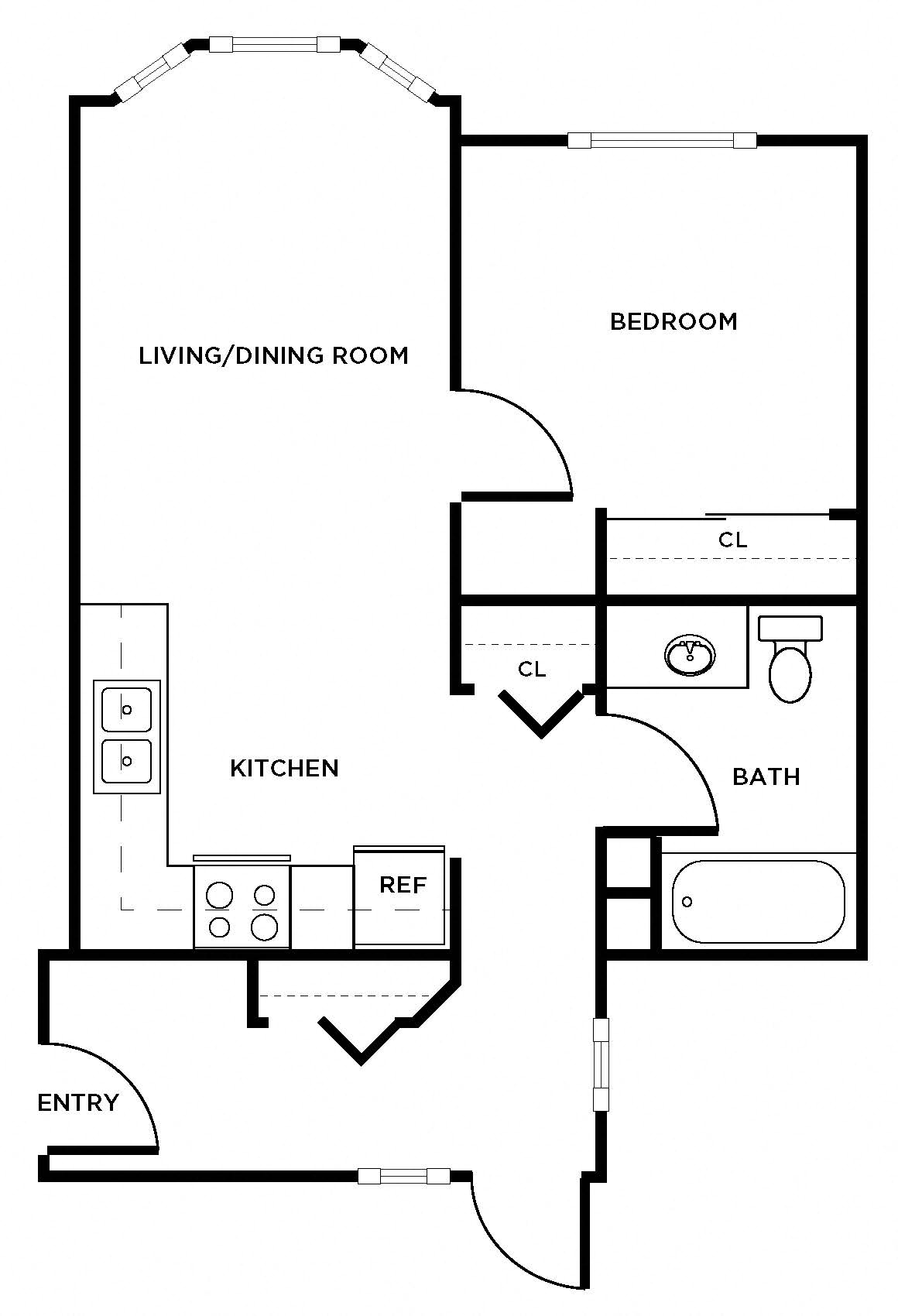 Floor plan for 1 bed, 1 bath, 566 sqft