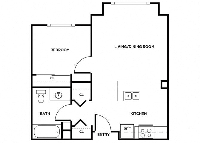 Floor plan for 1 bed, 1 bath, 568 sqft