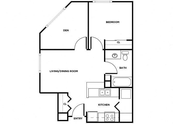 Floor plan for 1 bed, 1 bath, 630 sqft