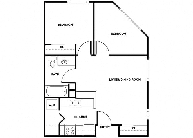 Floor plan for 1 bed, 1 bath, 658 sqft