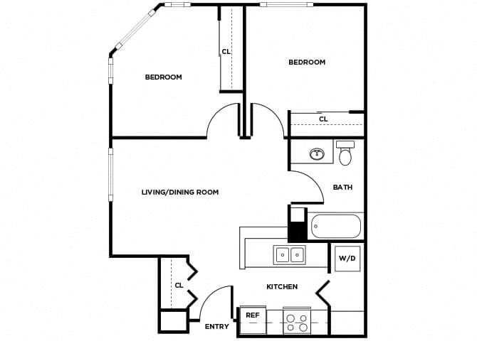 Floor plan for 2 beds, 1 bath, 652 sqft