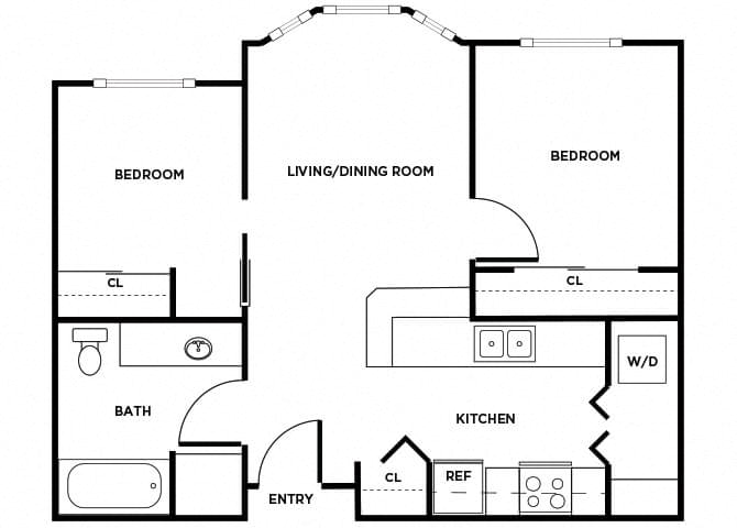 Floor plan for 2 beds, 1 bath, 655 sqft