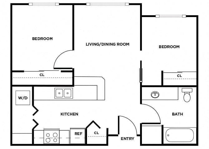Floor plan for 2 beds, 1 bath, 665 sqft