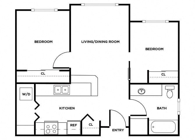 Floor plan for 2 beds, 1 bath, 676 sqft