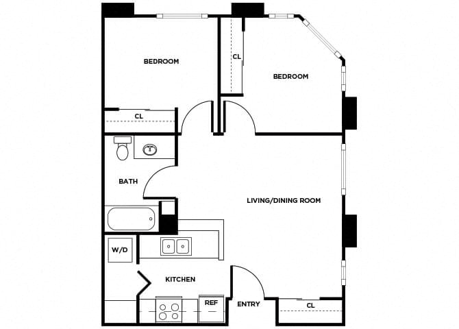 Floor plan for 2 beds, 1 bath, 680 sqft