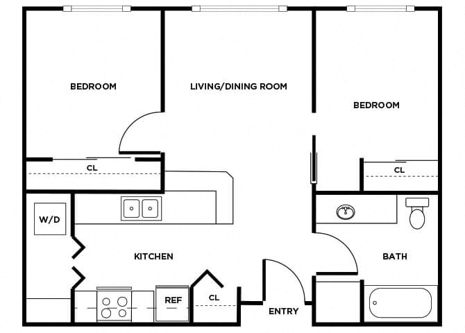Floor plan for 2 beds, 1 bath, 682 sqft