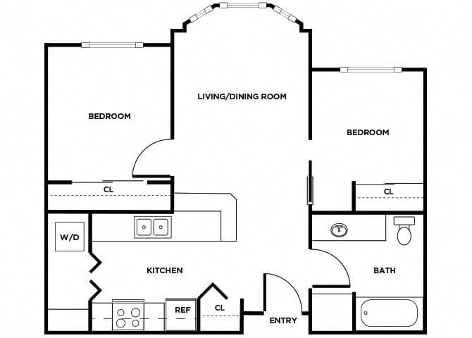 Floor plan for 2 beds, 1 bath, 687 sqft