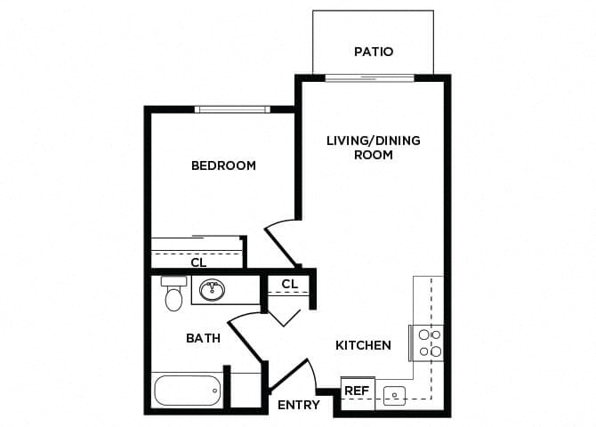 Floor plan for 1 bed, 1 bath, 428 sqft