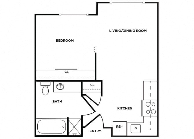 Floor plan for 1 bed, 1 bath, 431 sqft