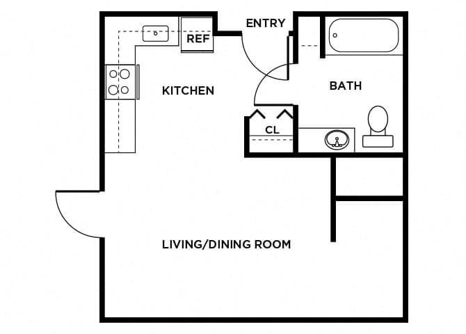 Floor plan for 1 bed, 1 bath, 478 sqft