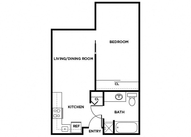 Floor plan for 1 bed, 1 bath, 511 sqft