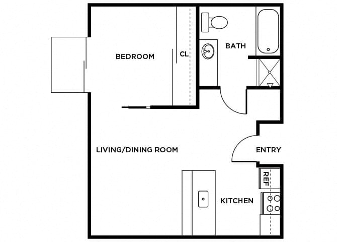 Floor plan for 1 bed, 1 bath, 515 sqft