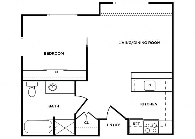 Floor plan for 1 bed, 1 bath, 532 sqft