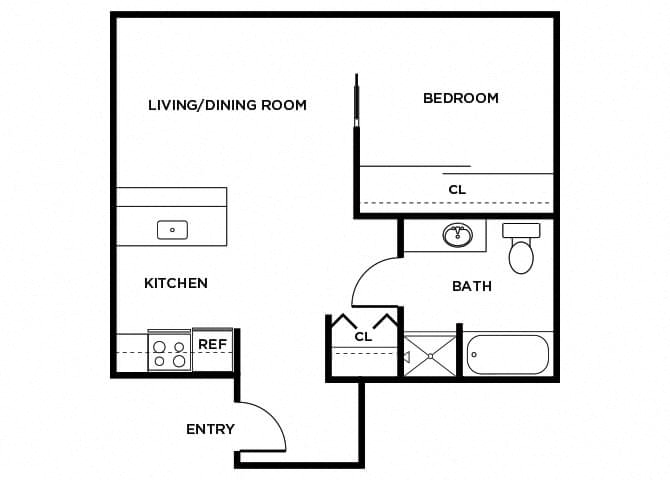 Floor plan for 1 bed, 1 bath, 563 sqft