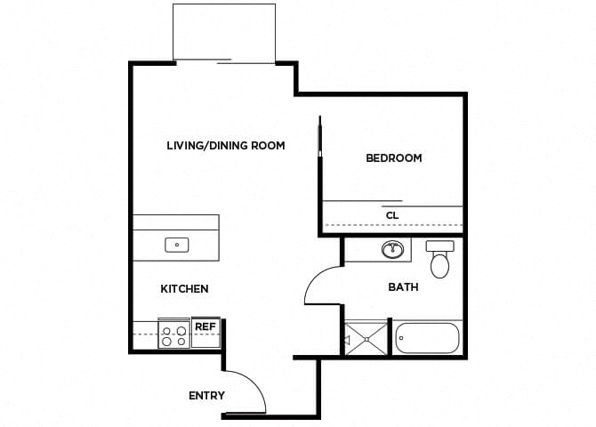 Floor plan for 1 bed, 1 bath, 585 sqft